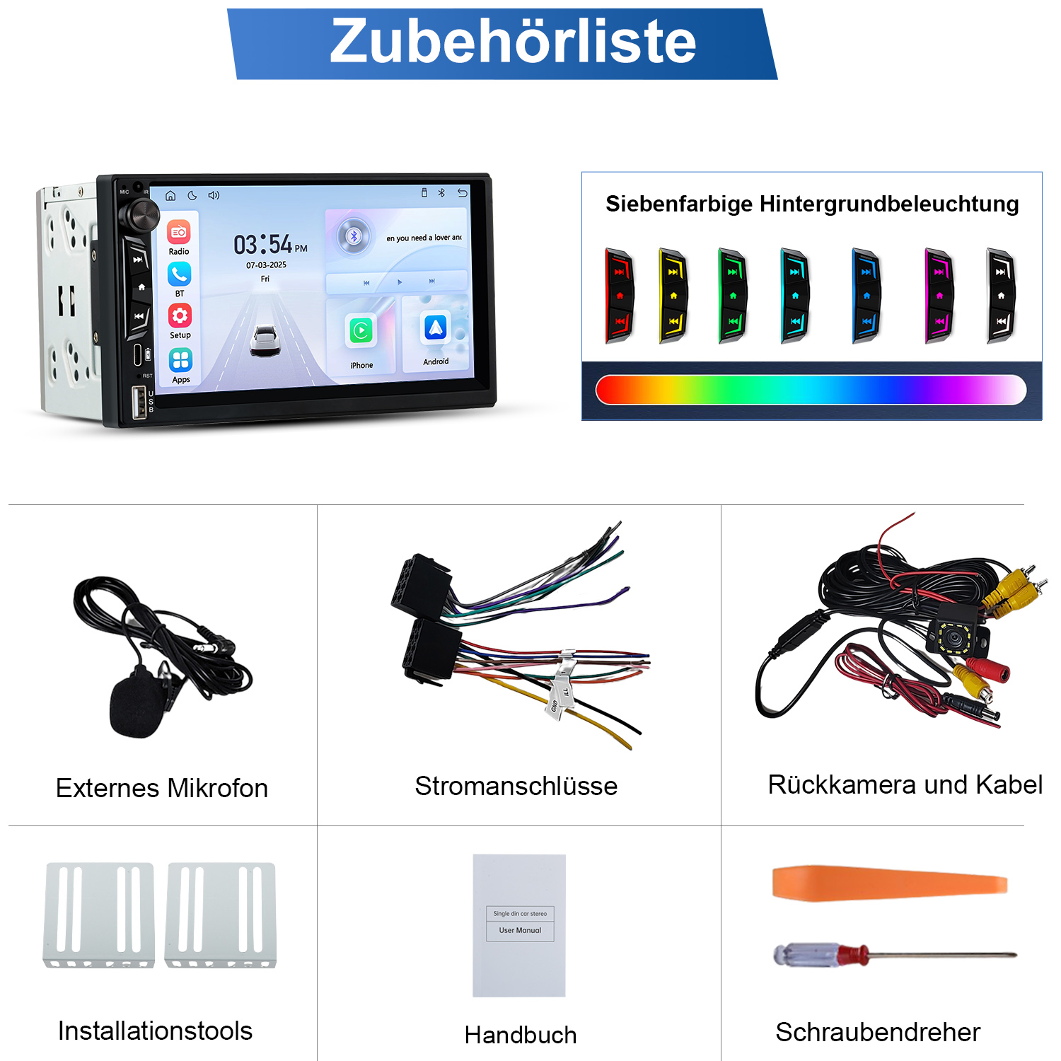 Ein Autoradio mit Touchscreen, Mikrofon, Kabeln, Werkzeugen, Handbuch und Schraubendreher.
