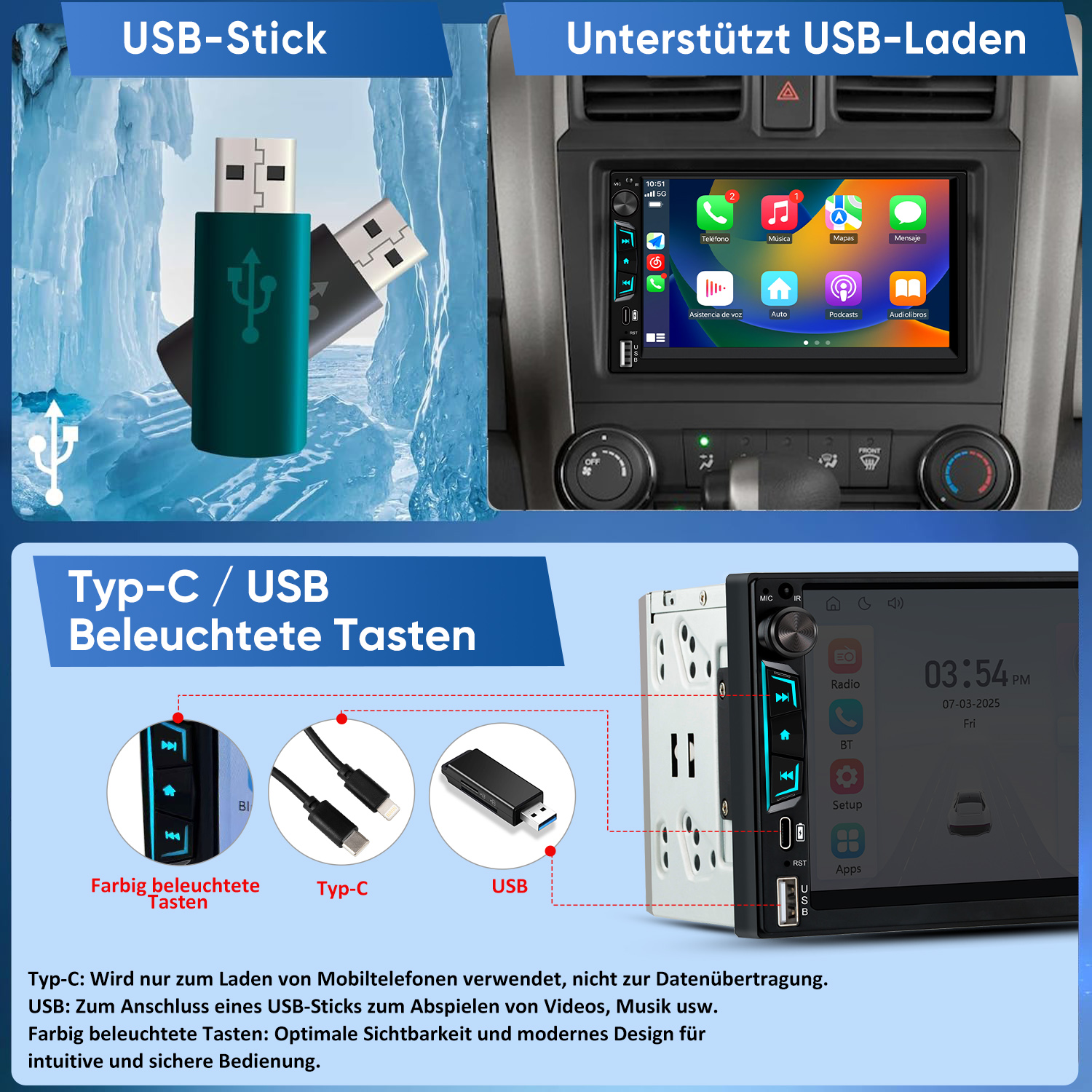 USB-Sticks, ein Autoradio mit Touchscreen und USB-Anschlüsse.