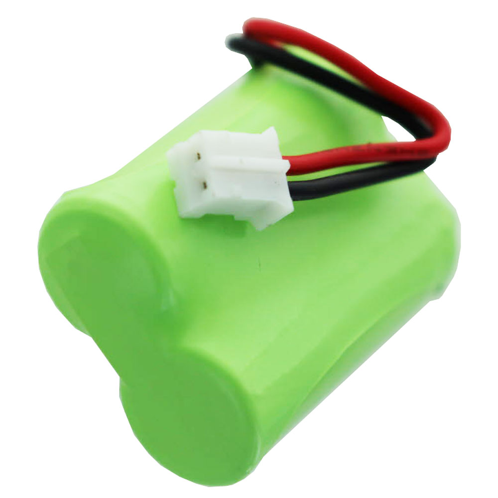 Grüne Batterie mit weißem Stecker und roten/schwarzen Drähten.