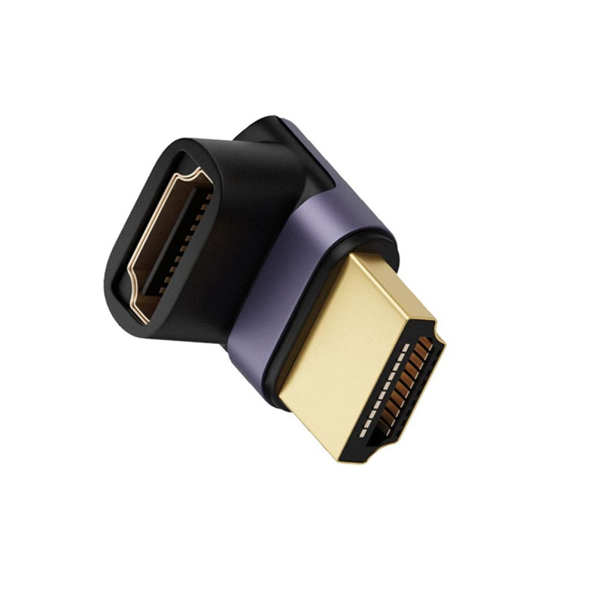 Ein abgewinkelter HDMI-Adapter mit schwarzen und violetten Akzenten.