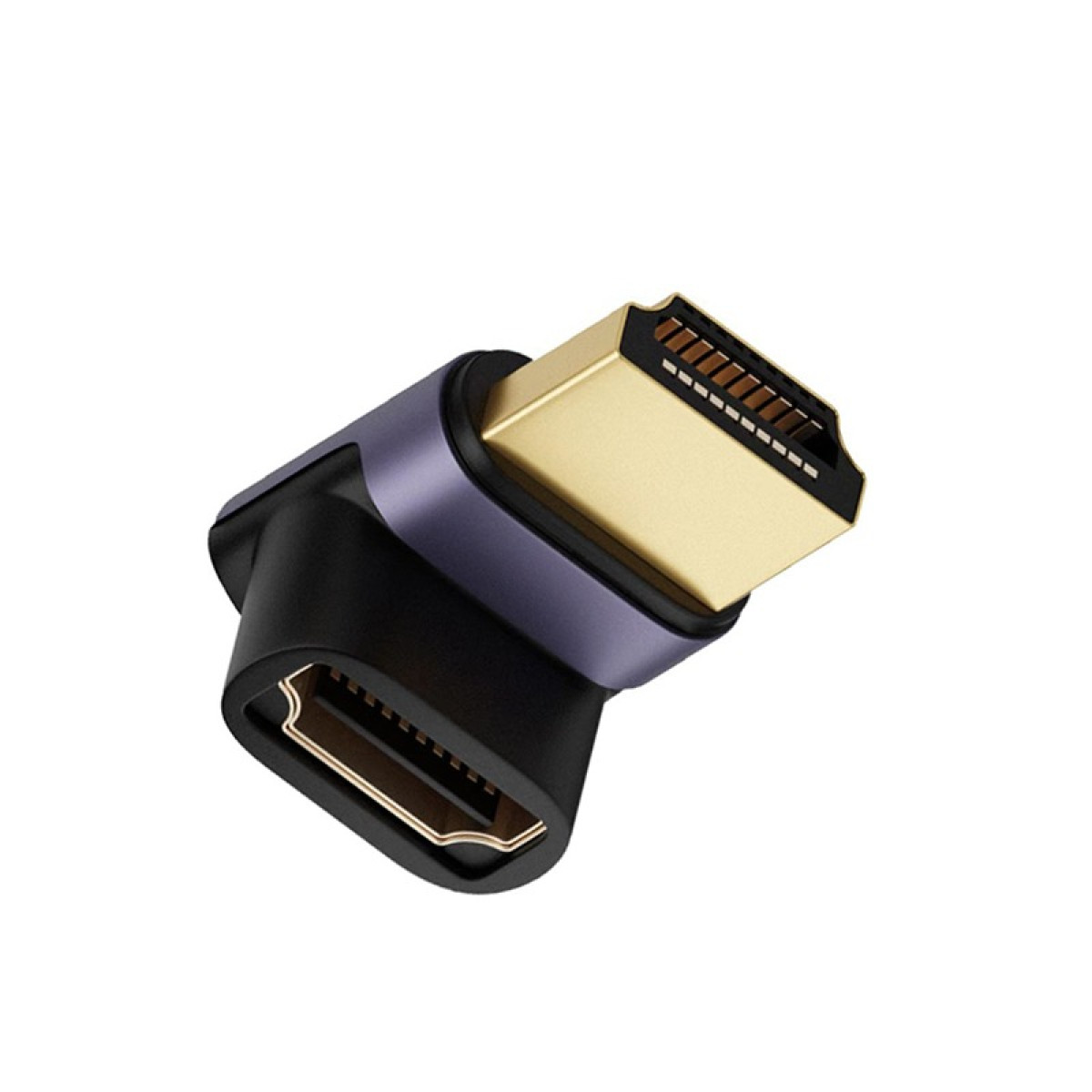 Ein goldener HDMI-Adapter mit einem 90-Grad-Winkel, schwarz und lila.