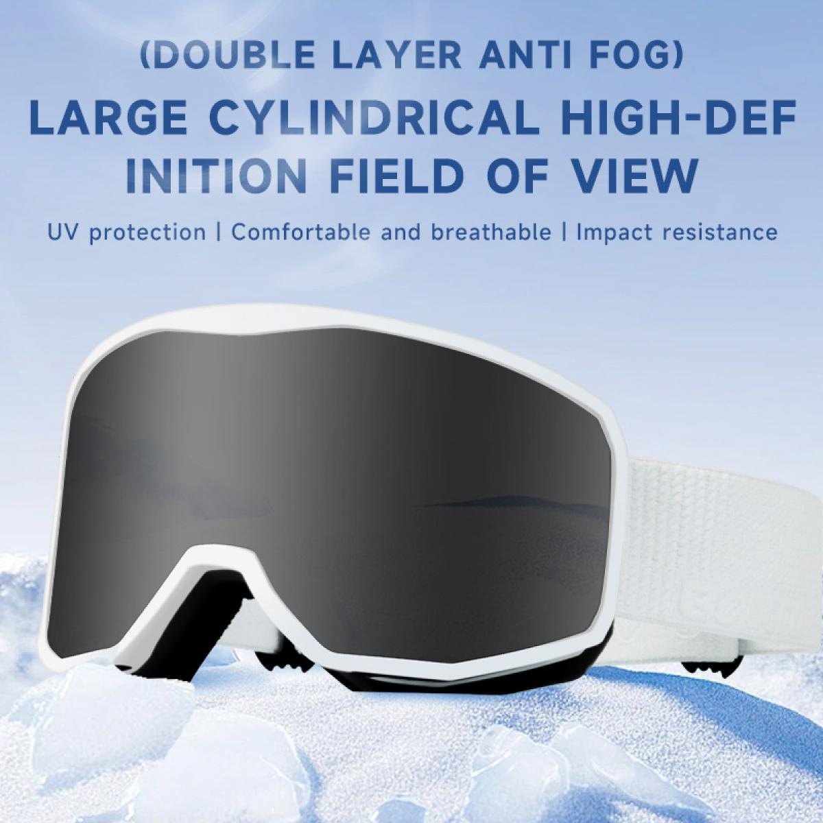 Weiße Skibrille mit großem Sichtfeld auf Eis und Schnee.