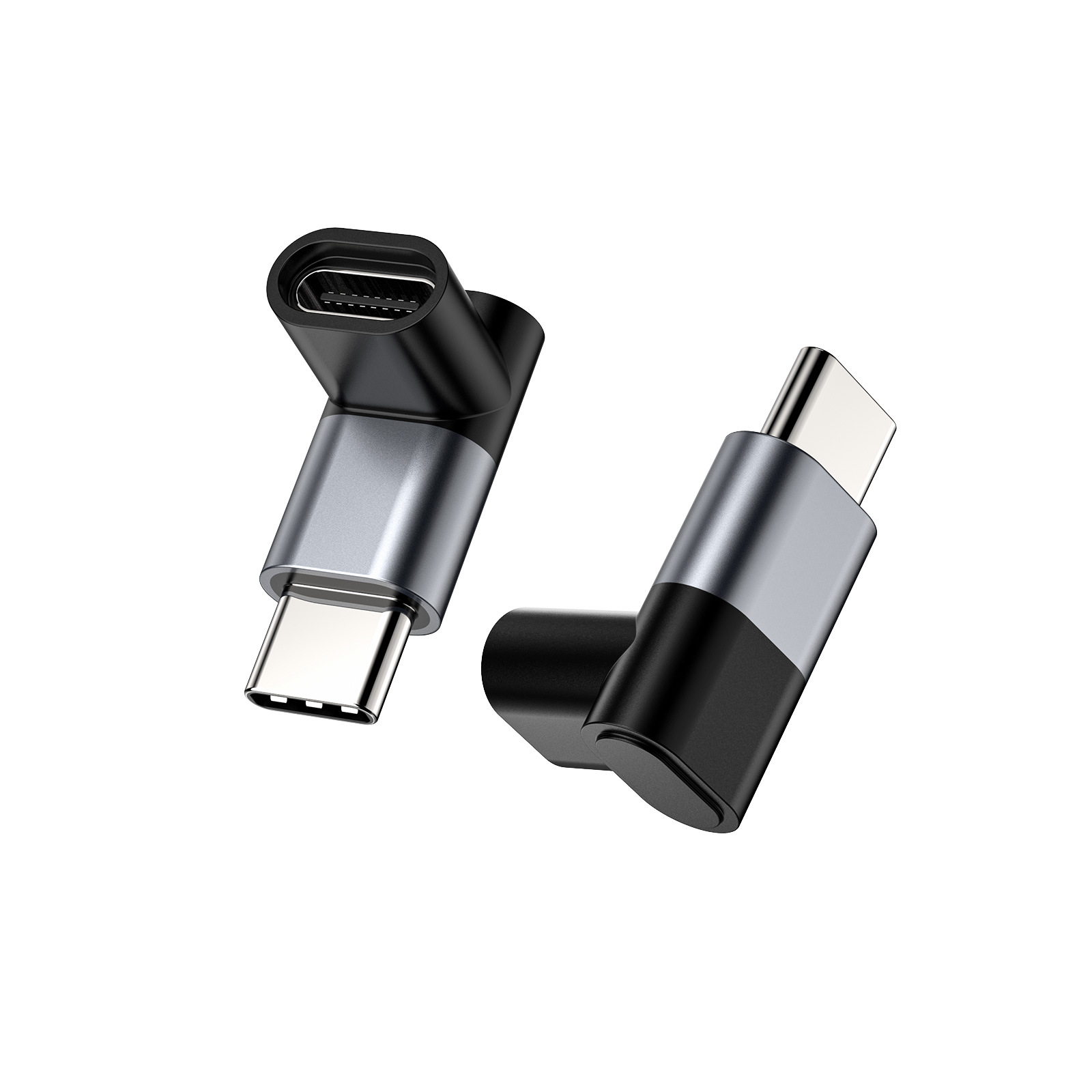 Zwei USB-C-Adapter mit 90-Grad-Winkel, schwarz und silberfarben.