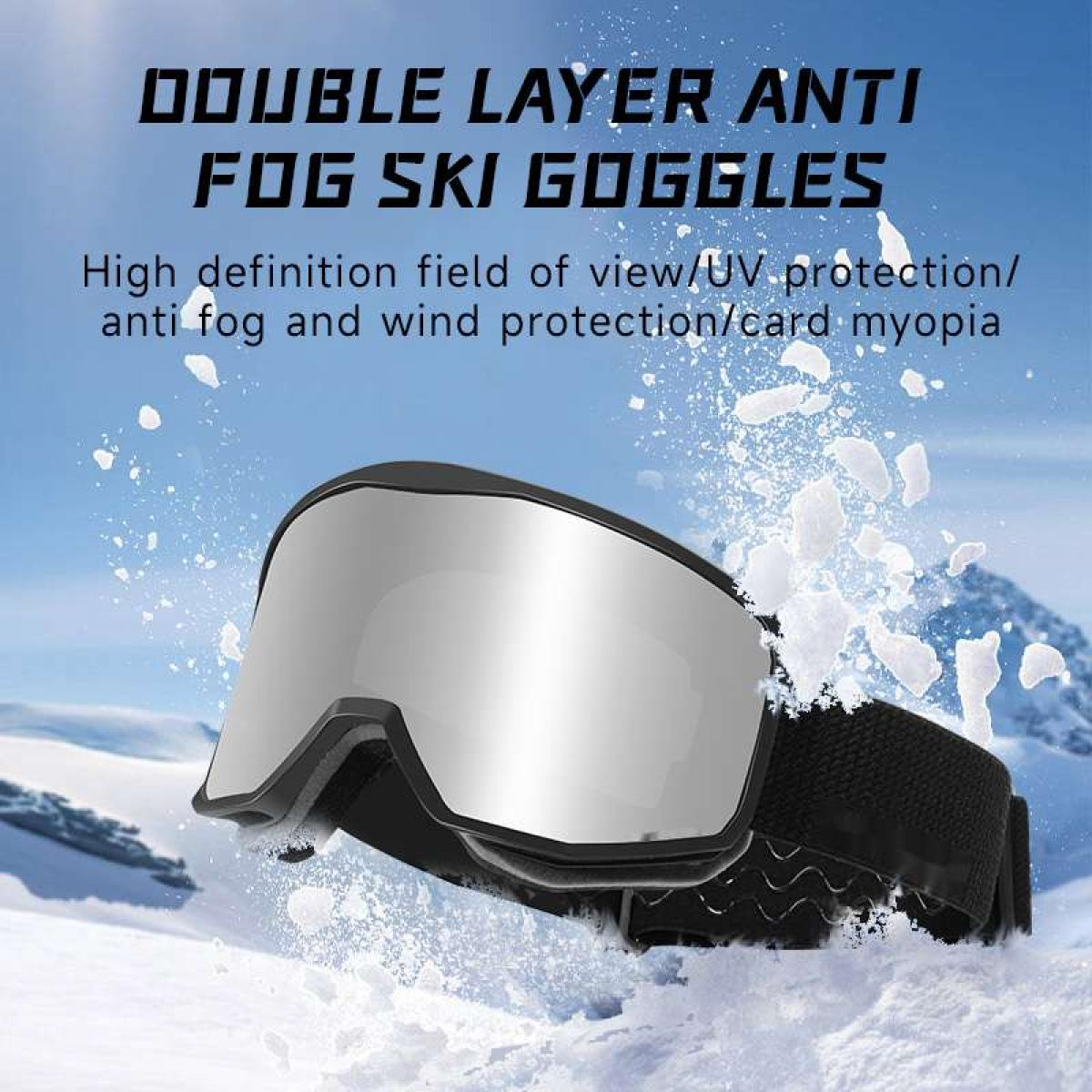 Skibrille mit verspiegeltem Glas und schwarzem Band, schneebedeckte Berge.