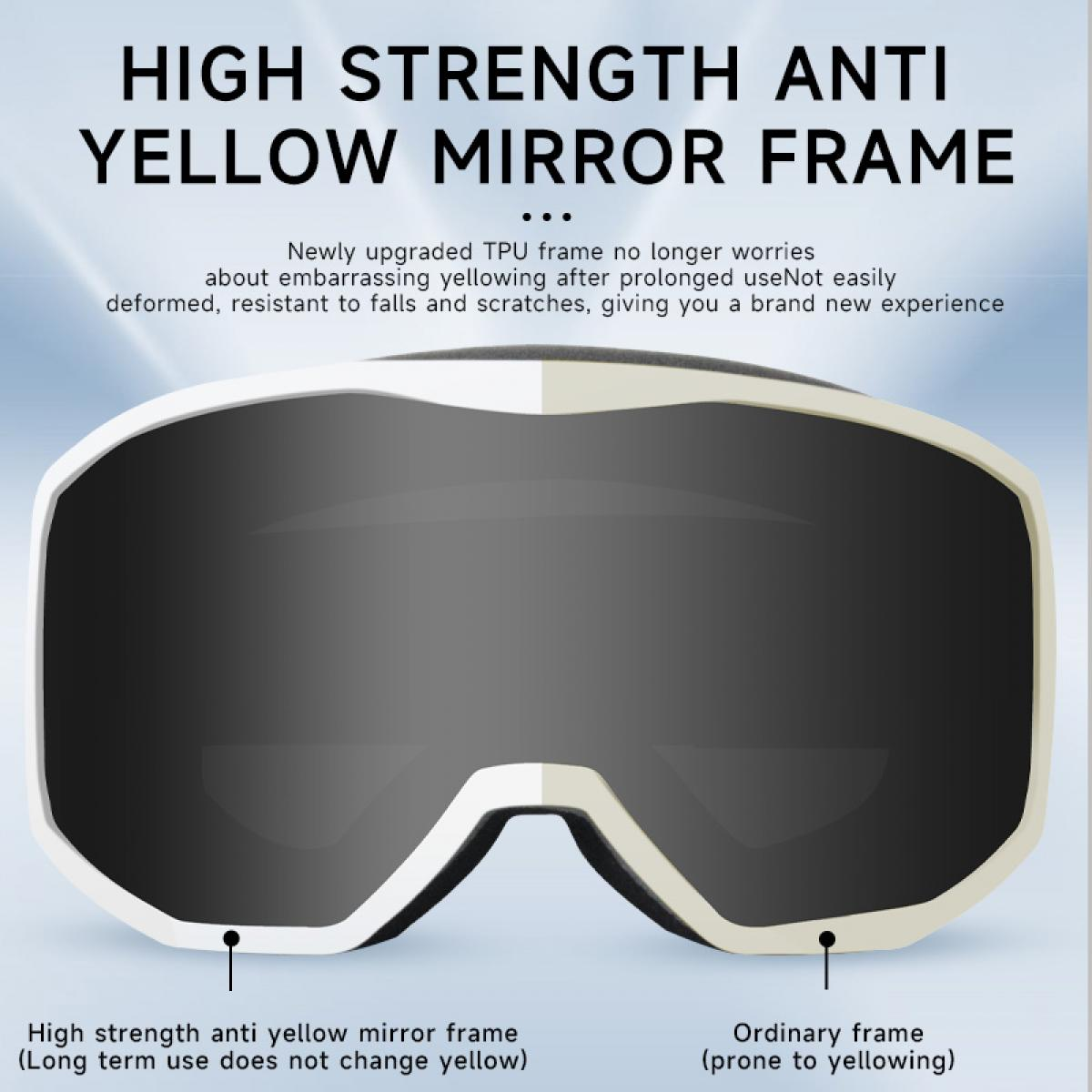 Skibrille mit weißem Rahmen und getöntem Visier. "High Strength Anti Yellow Mirror Frame".