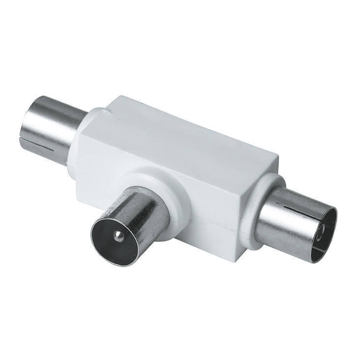 Ein weißer Antennen-Splitter mit drei Anschlüssen.