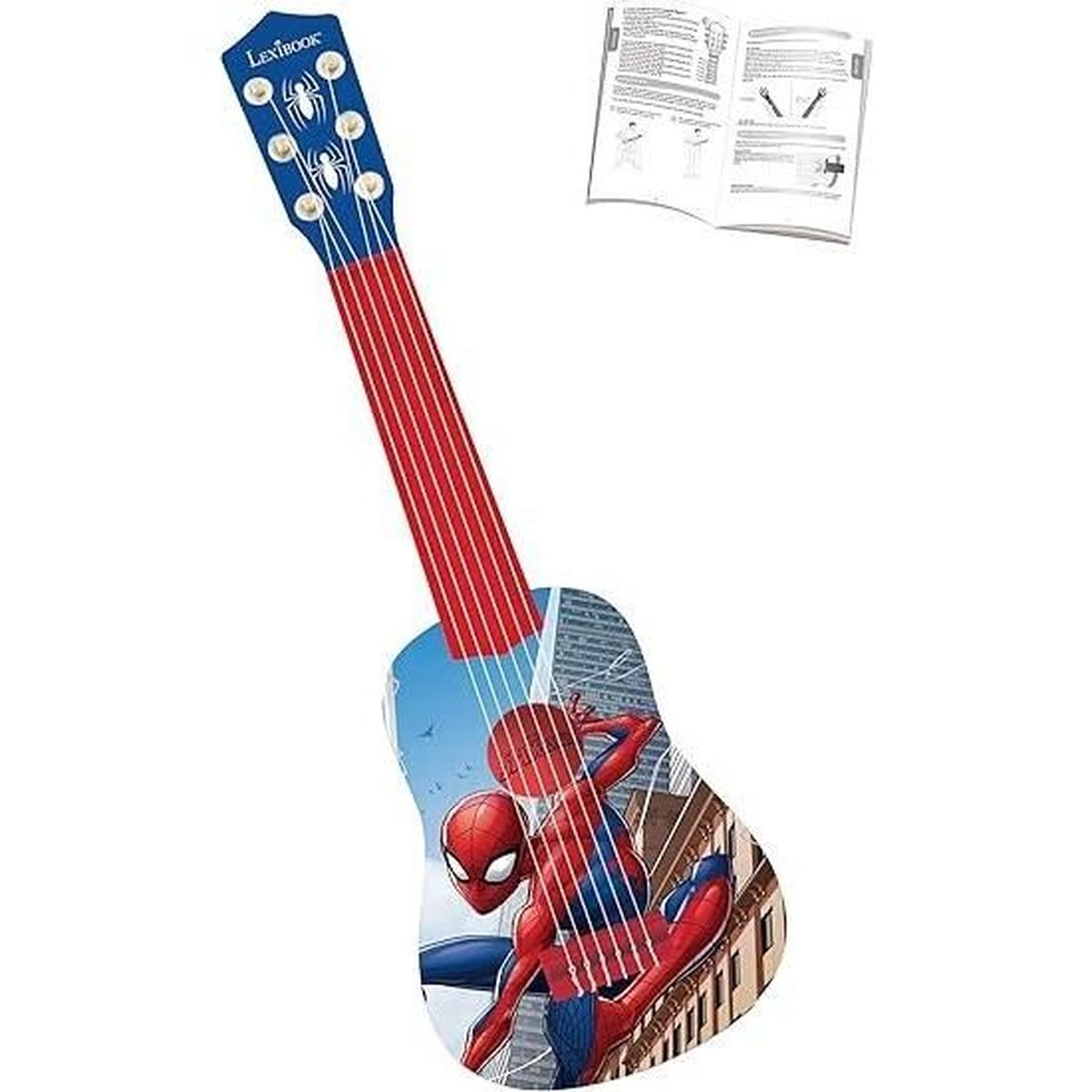Una guitarra infantil con diseño de Spiderman e instrucciones.