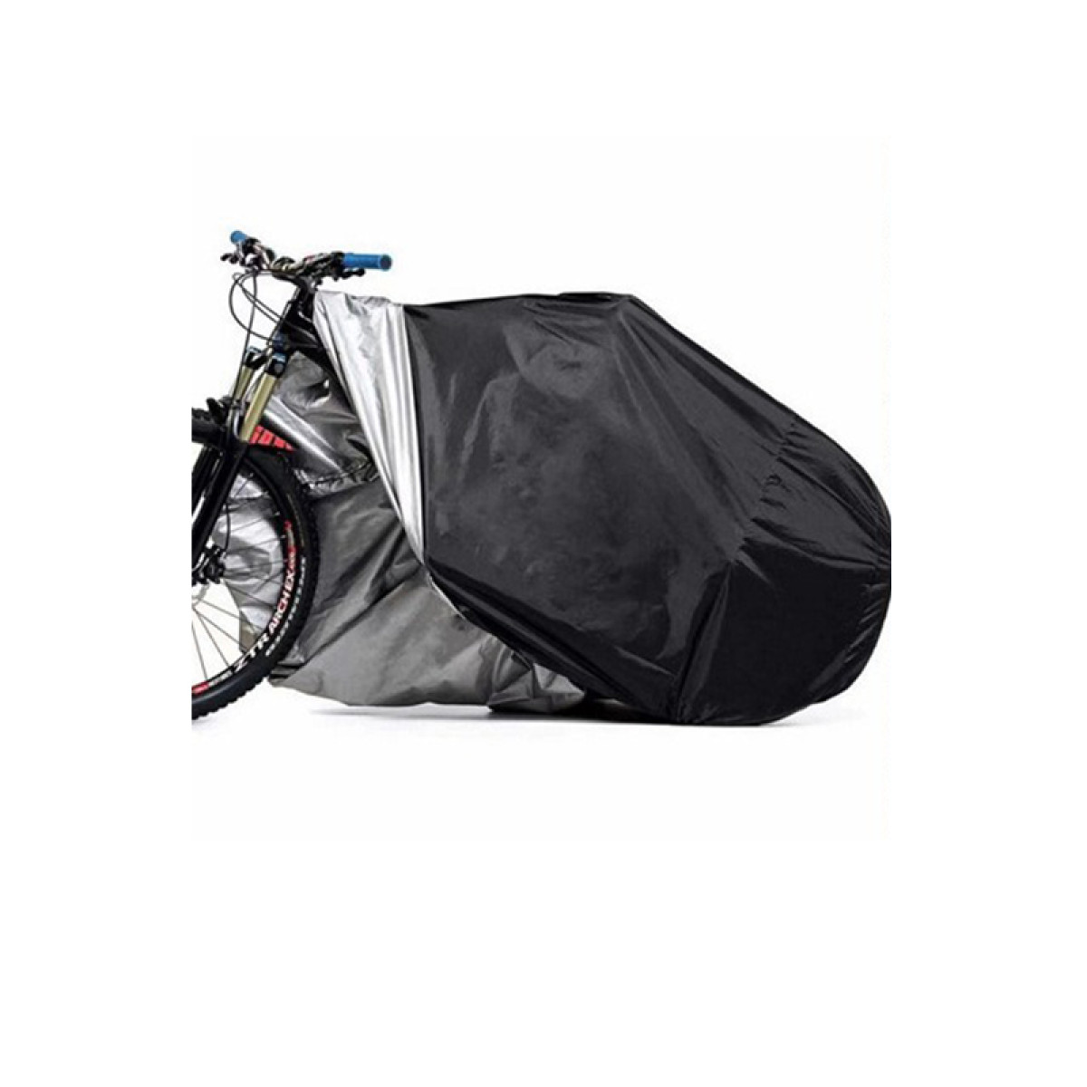 Rower częściowo przykryty czarnym i srebrnym pokrowcem.