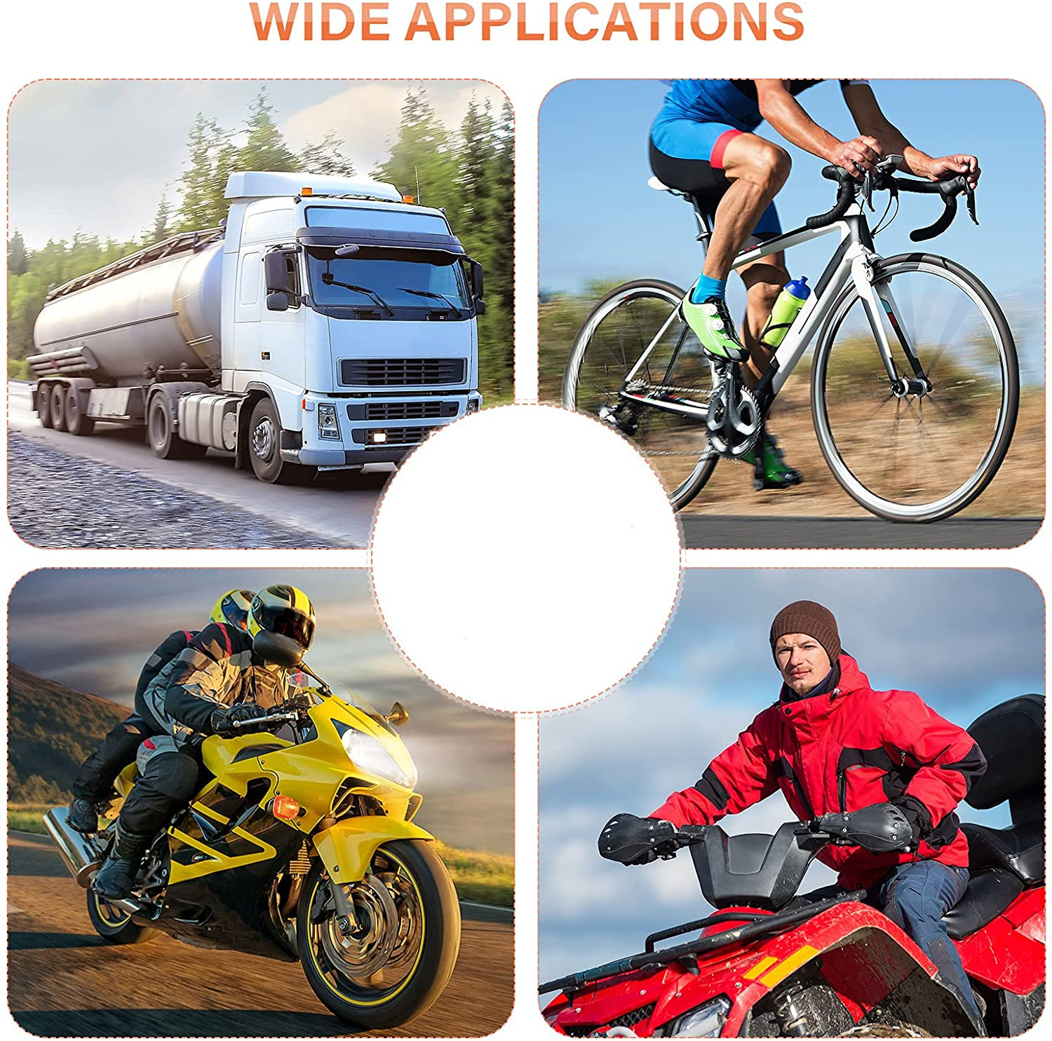 Un camion, un ciclista, una moto e un quad.