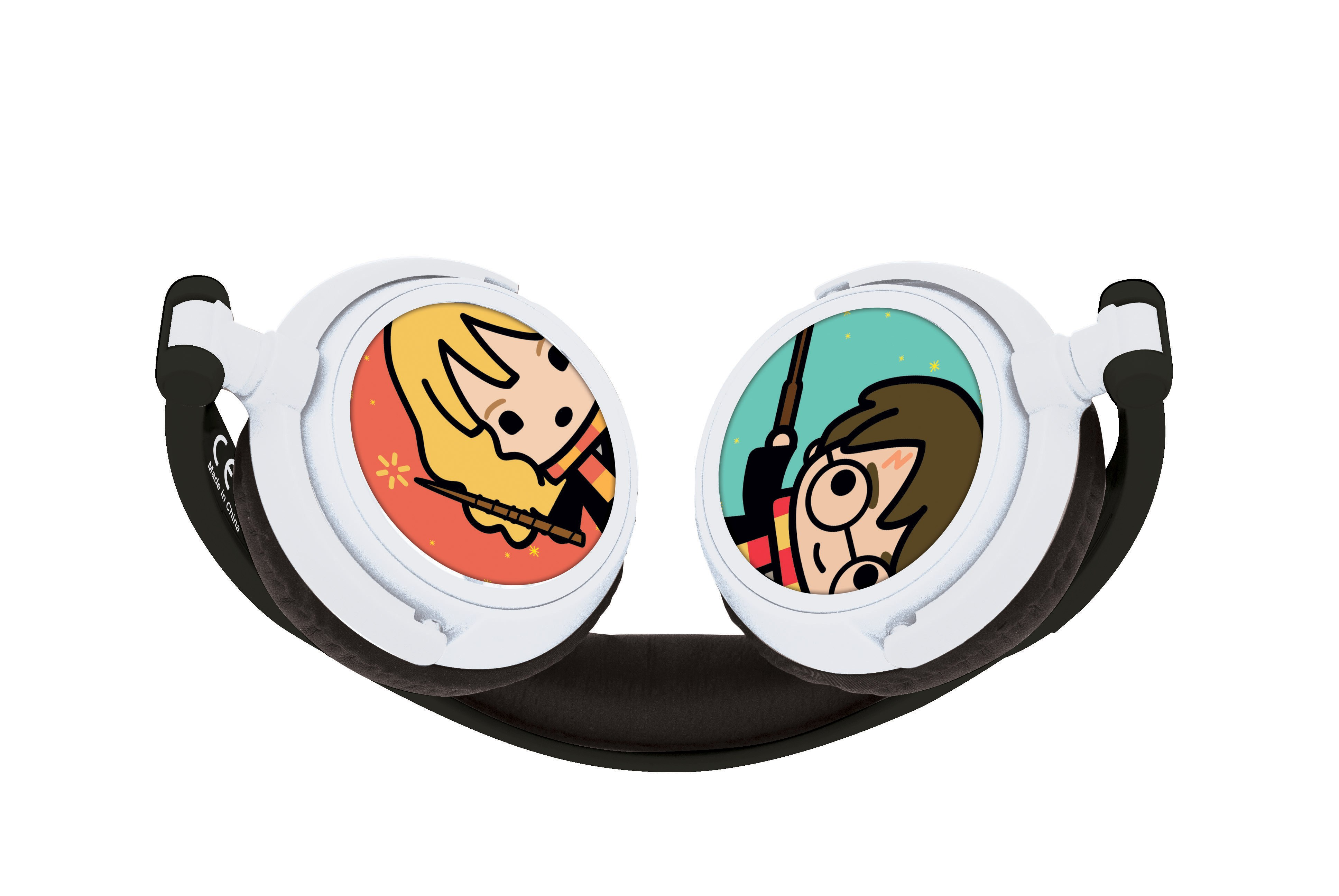 Auriculares blancos con personajes de Harry Potter en las copas.