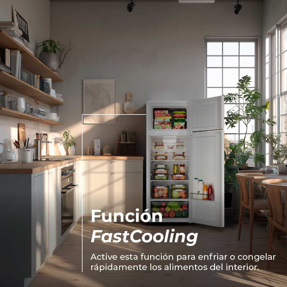 Un refrigerador blanco abierto lleno de comida en una cocina moderna.