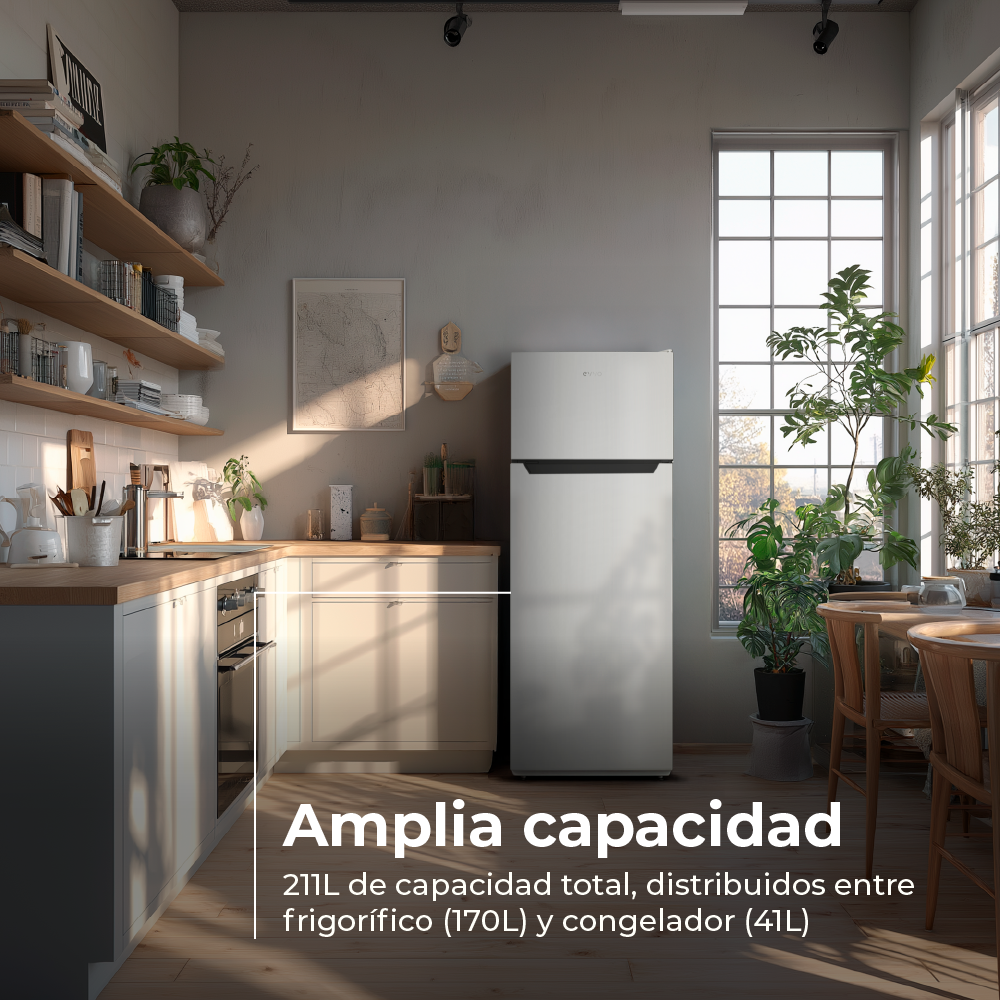 Un refrigerador blanco en una cocina luminosa junto a una ventana.