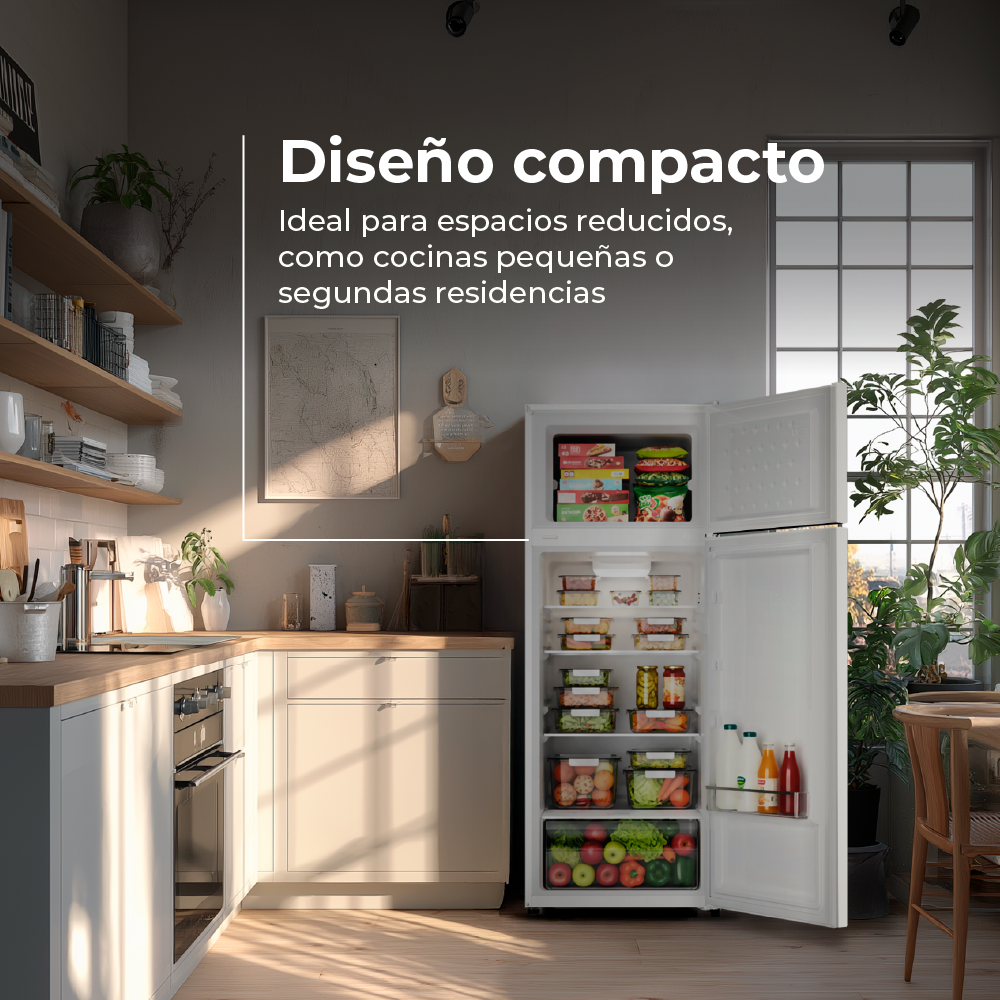 Un frigorífico-congelador blanco abierto lleno de comida en una cocina.