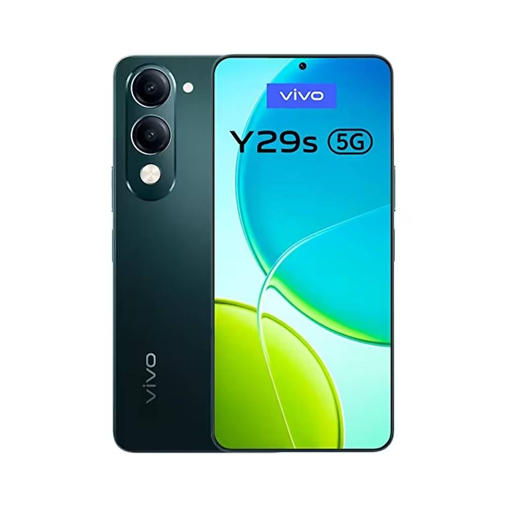Üç arka kameraya sahip koyu yeşil Vivo Y29s 5G akıllı telefon.