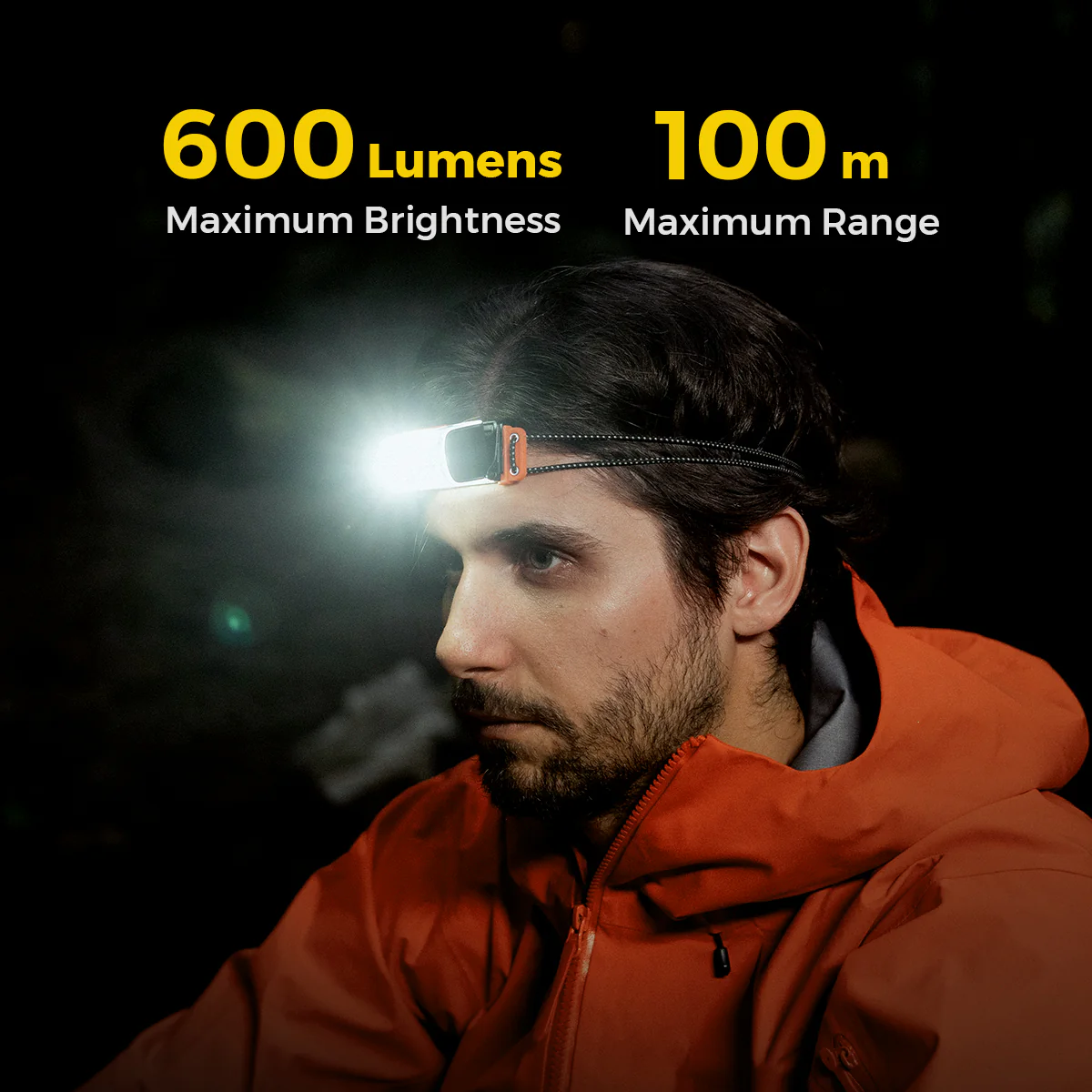 Mann mit Stirnlampe: 600 Lumen, 100m Reichweite.