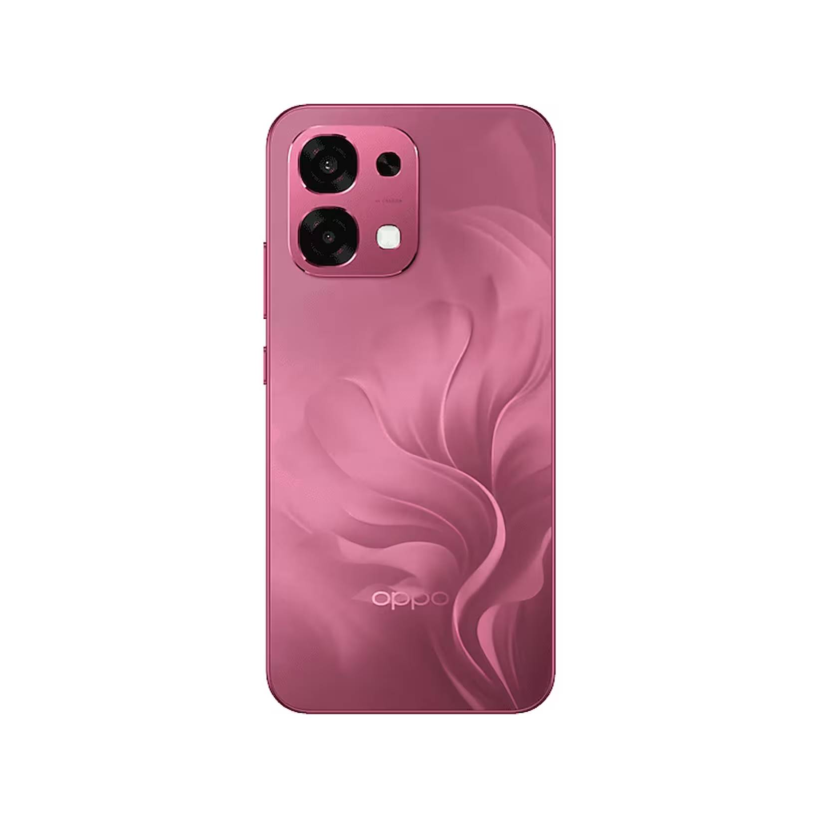 Belirgin kamera dizilimine ve girdap desenine sahip pembe bir akıllı telefon.