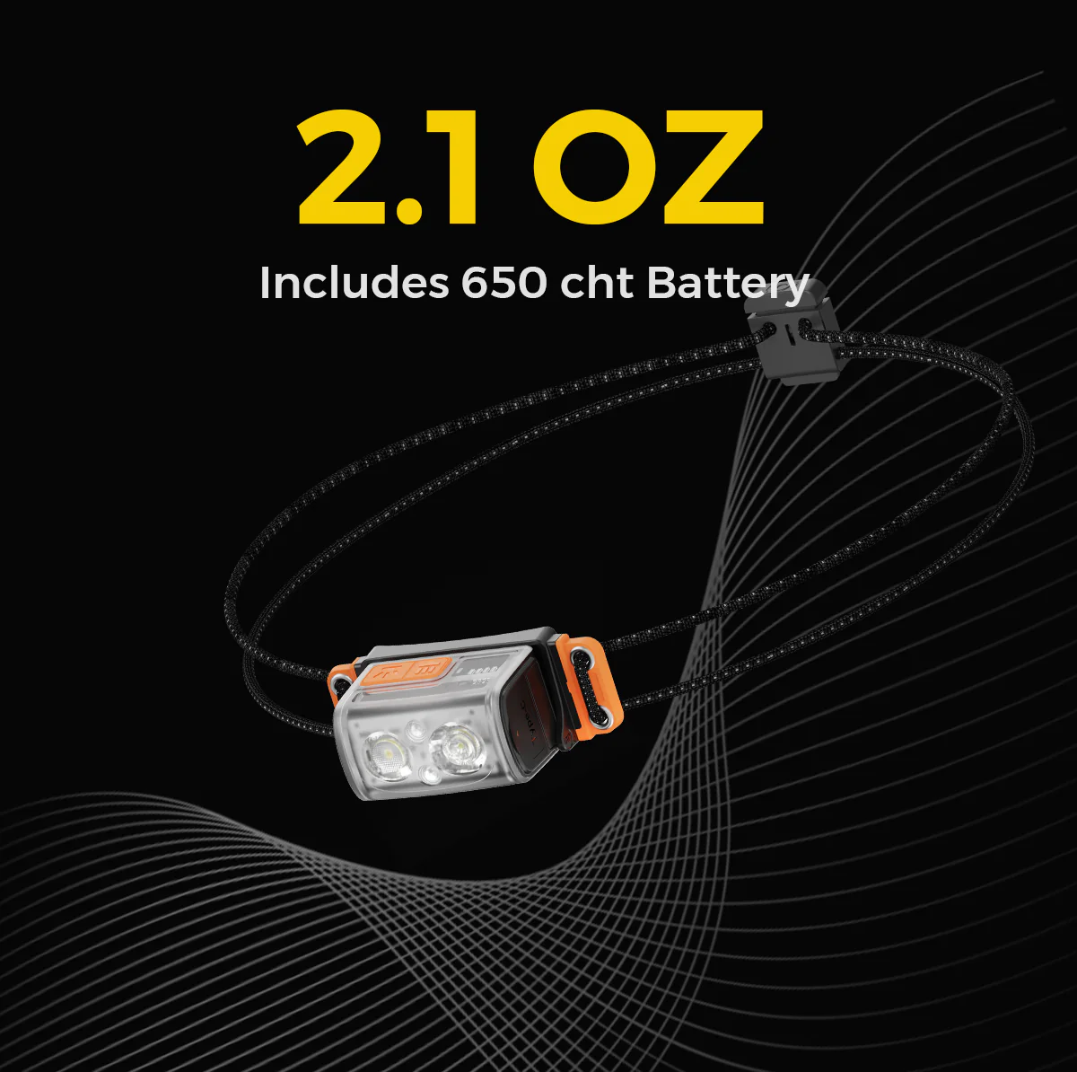 Eine leichte Stirnlampe mit zwei LED-Lichtern, orangefarbenen Akzenten und schwarzem Band.