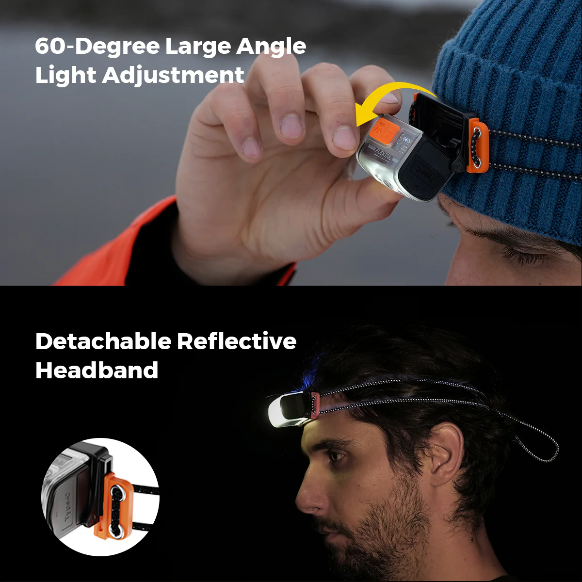 Hand passt Stirnlampe mit 60-Grad-Verstellung an; abnehmbares reflektierendes Kopfband.