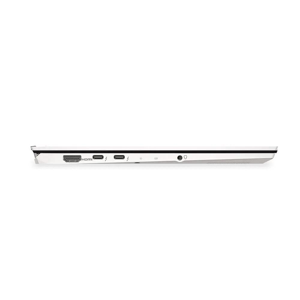 Beyaz dizüstü bilgisayarın yan tarafı portları gösteriyor: HDMI, Thunderbolt, Thunderbolt, jak, SD kart, kulaklık.