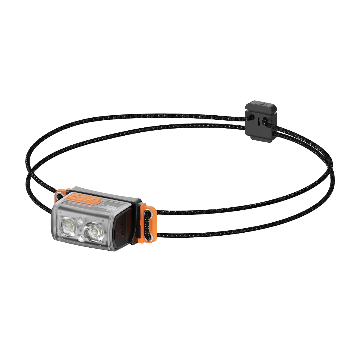 Eine Stirnlampe mit schwarzen Kabeln und orangefarbenen Akzenten auf weißem Hintergrund.