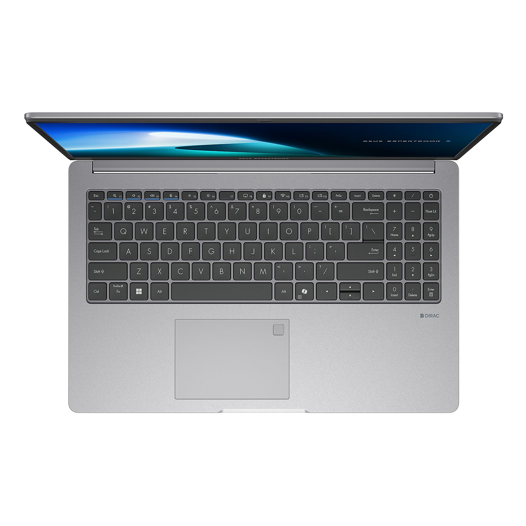 Un laptop argentato con il coperchio aperto, che mostra la tastiera. Lo schermo visualizza onde blu e bianche.