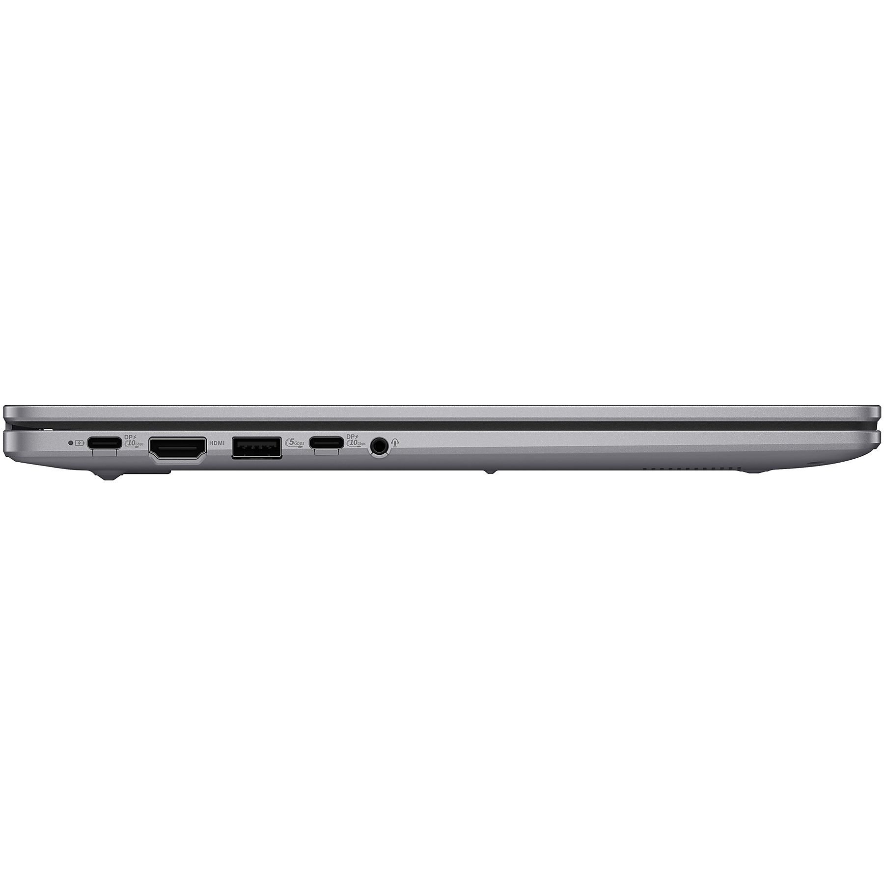 Lato sinistro di un laptop argentato che mostra le porte: USB-C, HDMI e jack per cuffie.