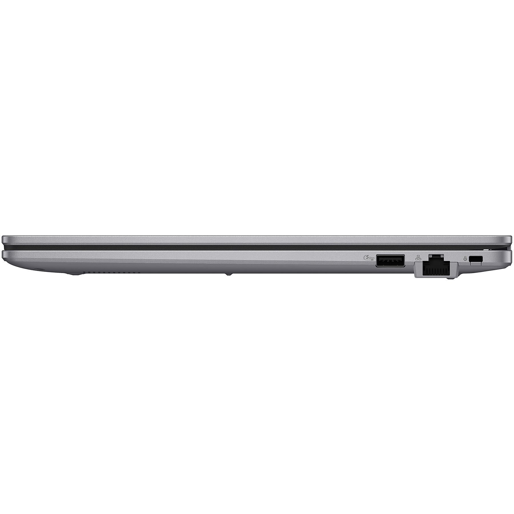 Vista laterale di un laptop grigio con porte USB ed Ethernet.