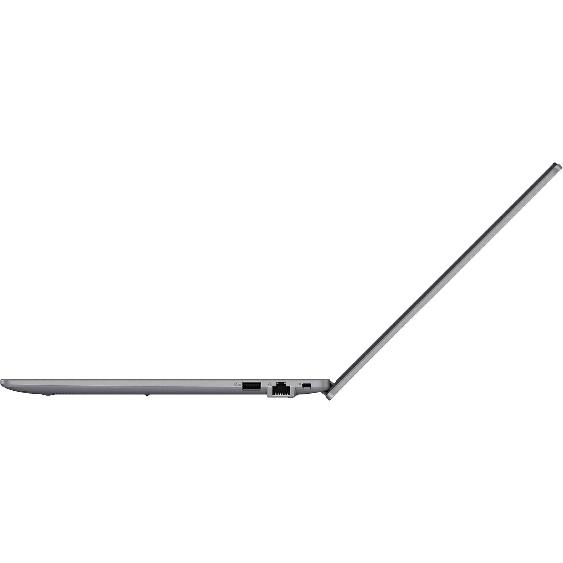 Un laptop argentato è aperto di lato. Le porte sono visibili.