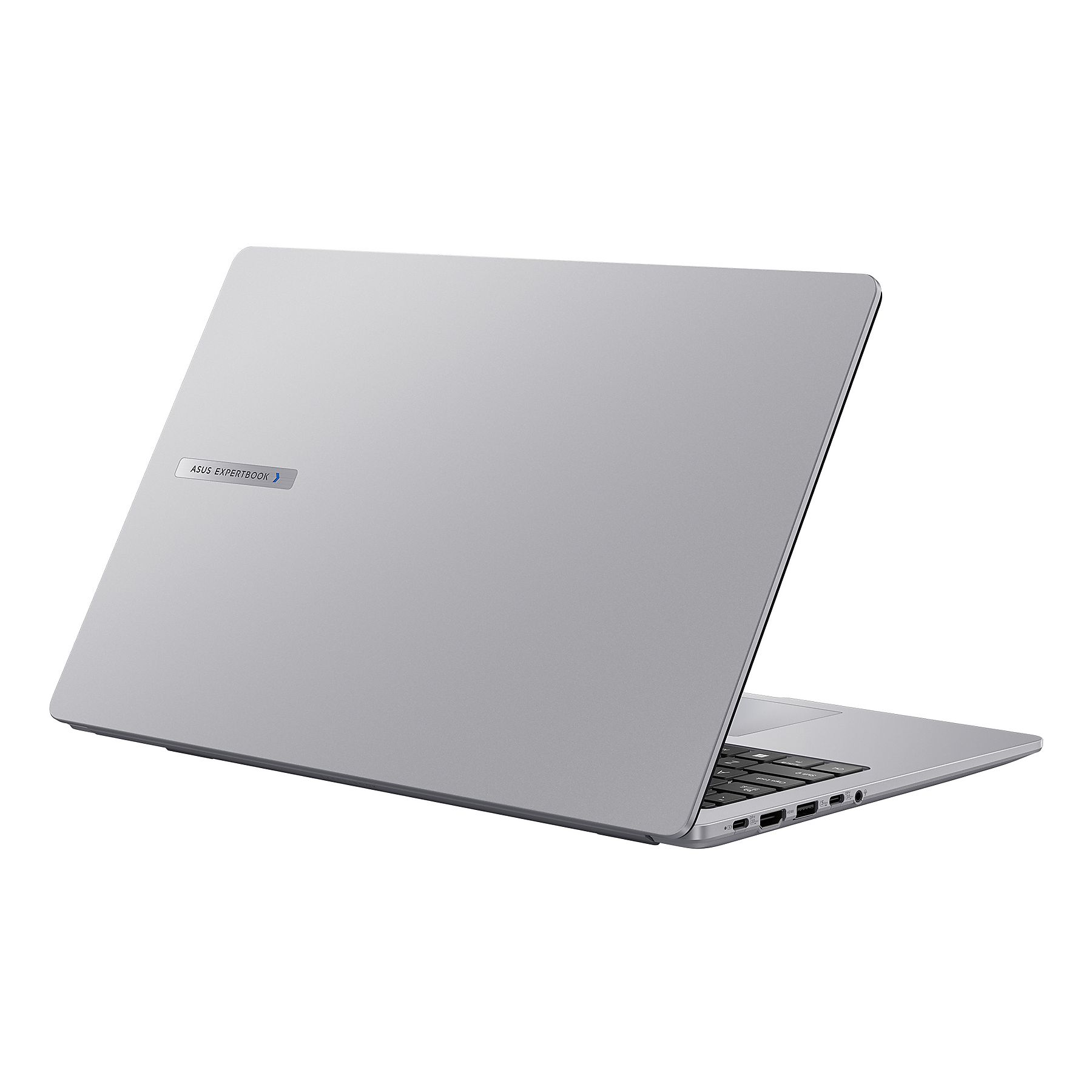 Un laptop Asus ExpertBook argentato con coperchio aperto, su sfondo bianco.