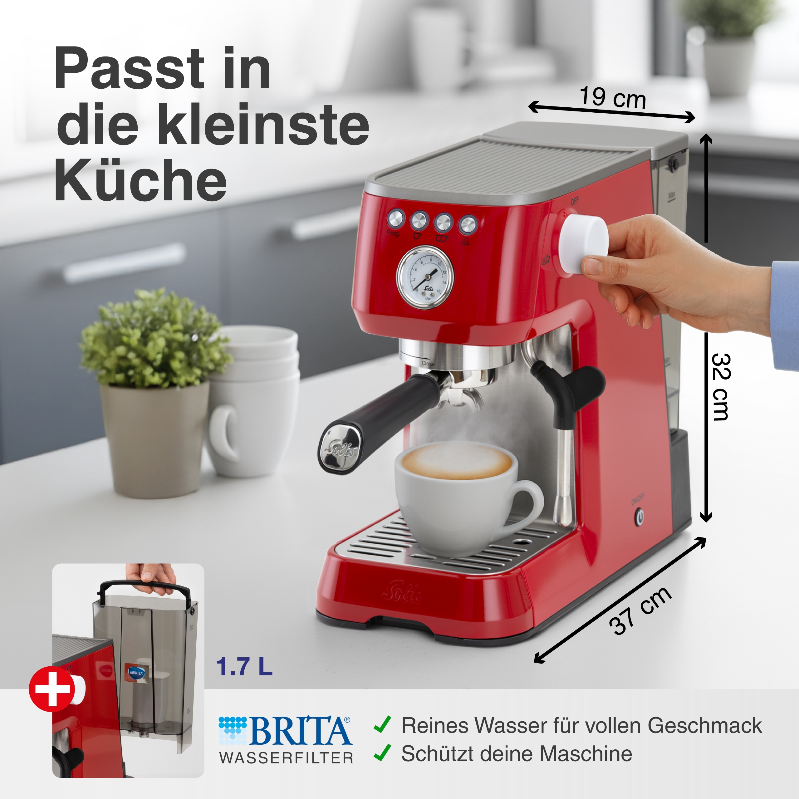 Rote Espressomaschine mit Milchkaffee, Maße 19x37x32cm. Brita Filter.