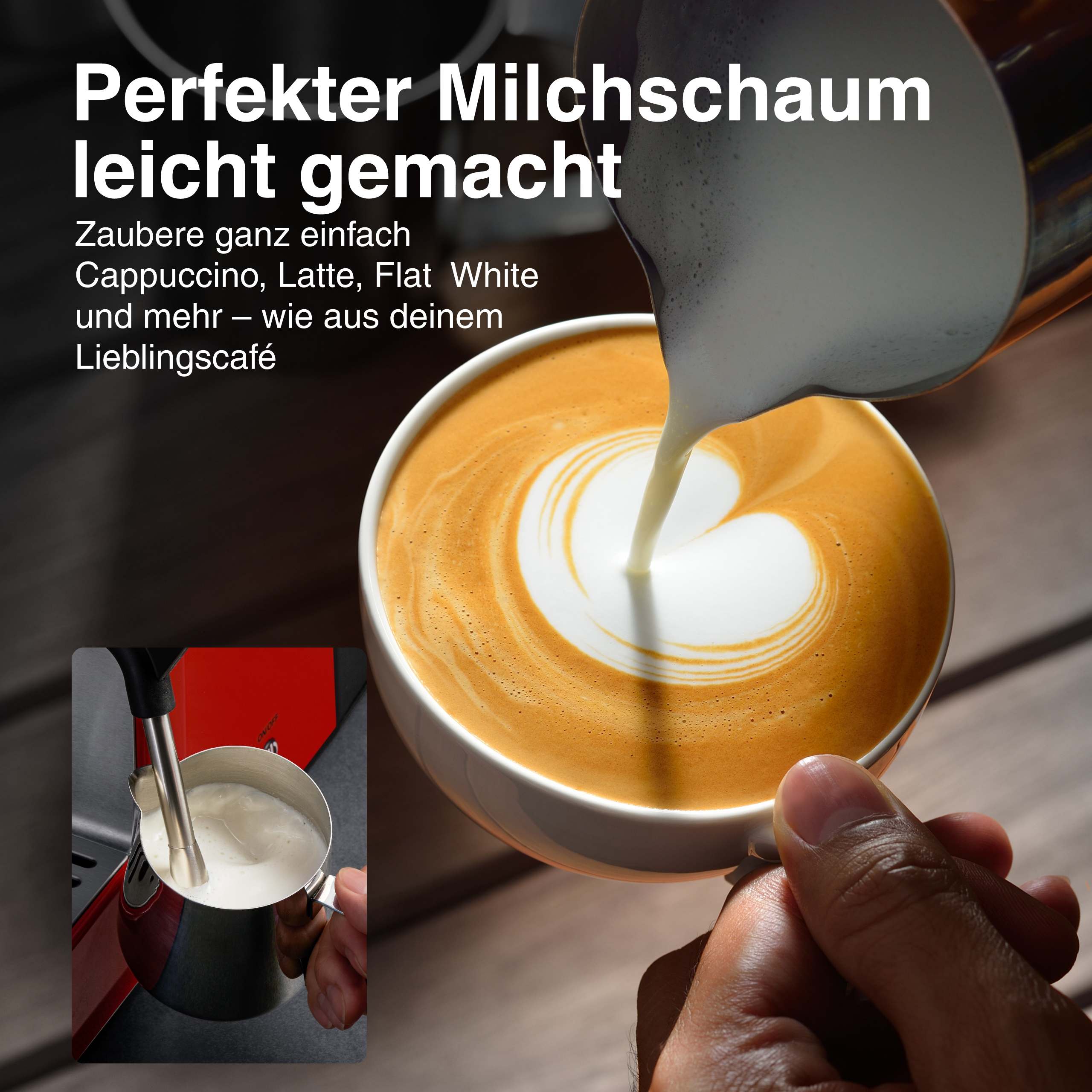 Milch wird in eine Kaffeetasse mit Latte Art gegossen. Kleines Bild zeigt Milchaufschäumung.