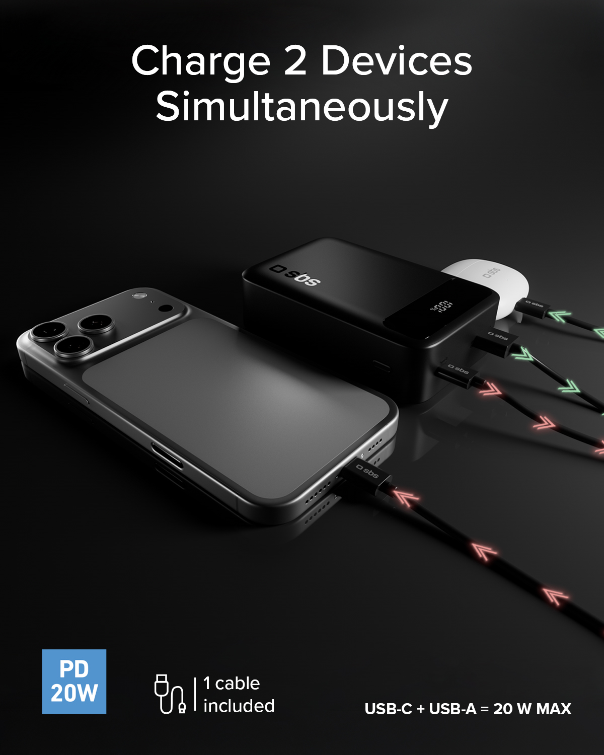 Uno smartphone nero e un power bank in carica simultaneamente.