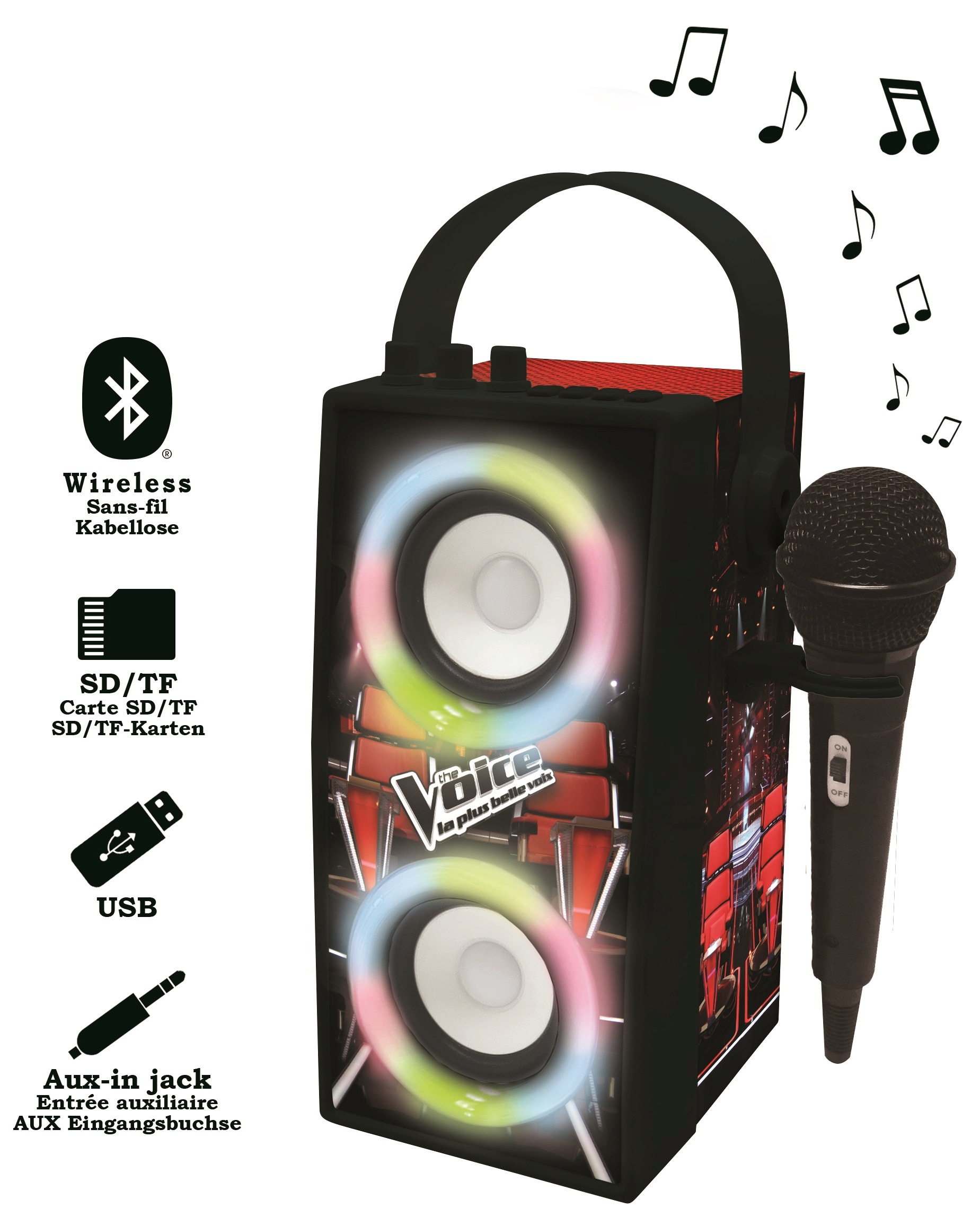Un altavoz negro con micrófono, efectos de luz y notas musicales.
