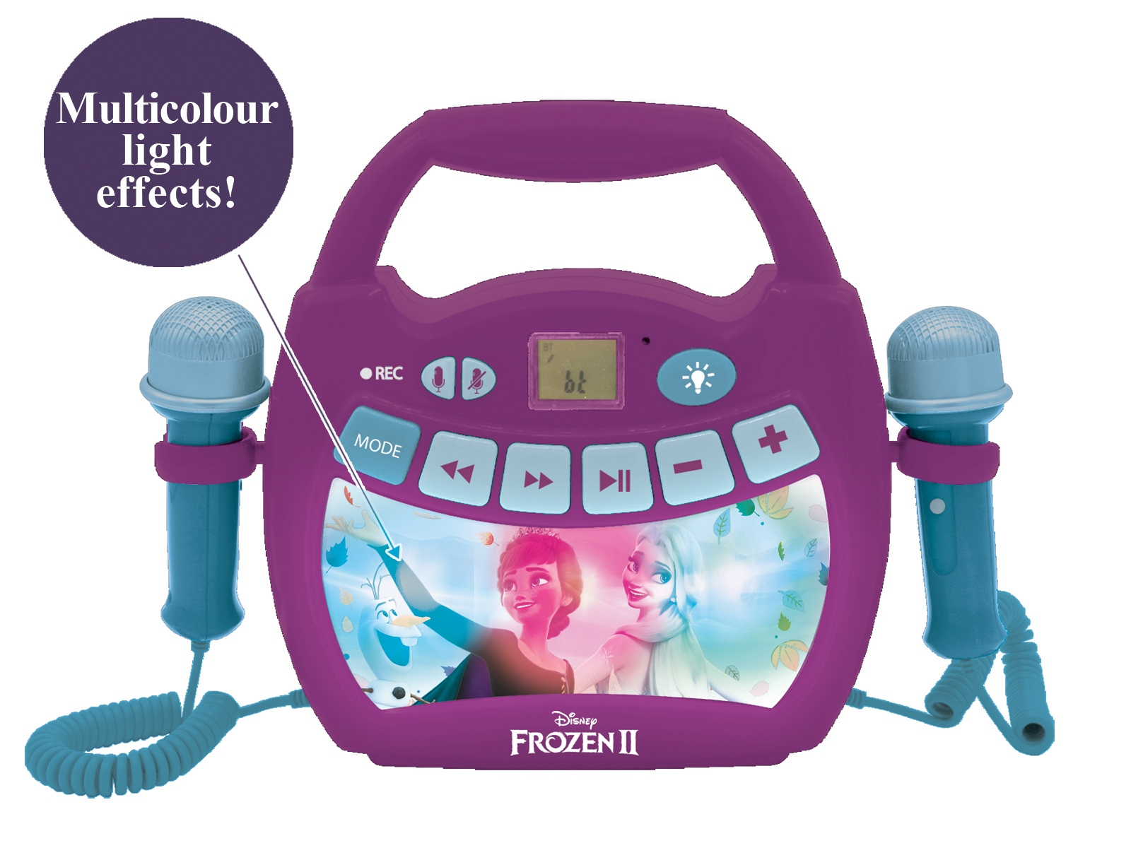 Macchina karaoke viola con due microfoni, tema Disney Frozen II e pulsanti.