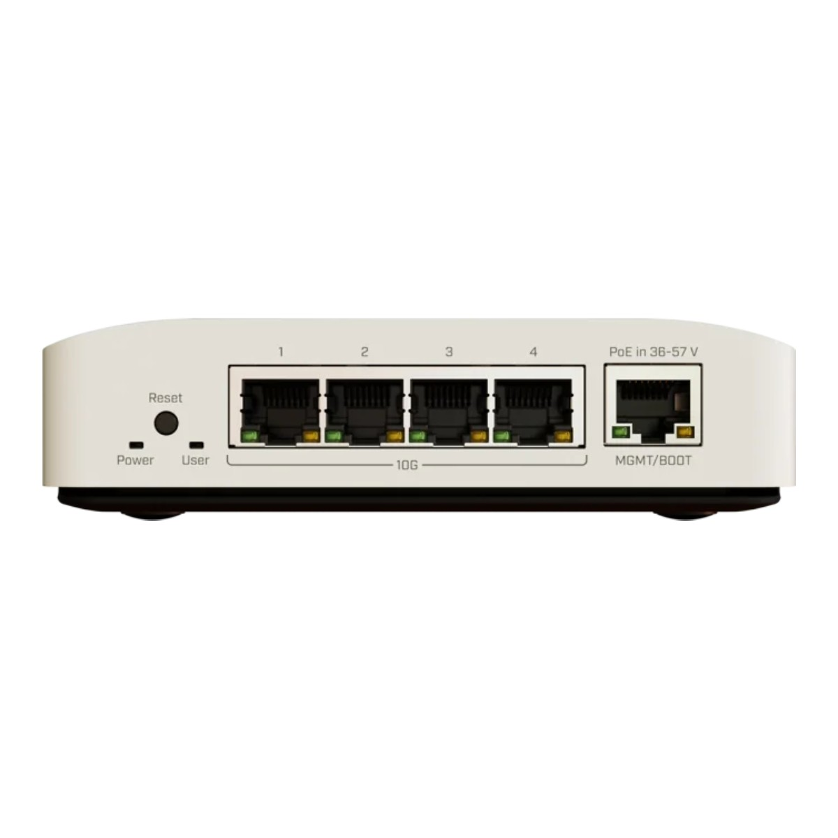Białe urządzenie sieciowe z 4 portami Ethernet, 1 portem MGMT/BOOT i wskaźnikami stanu.