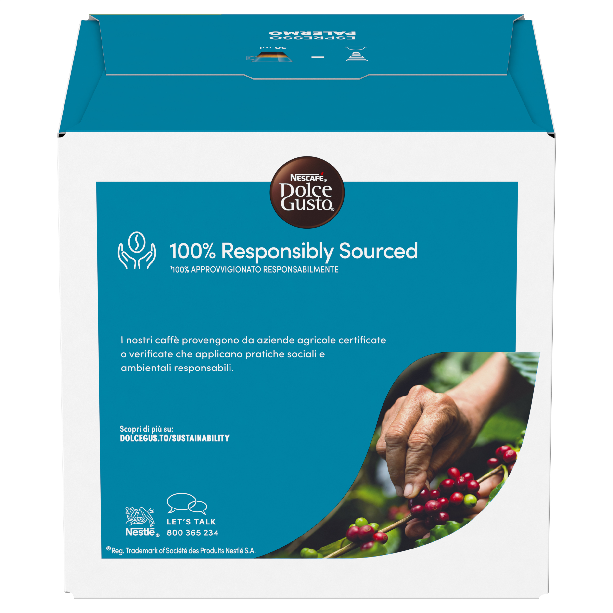 Una confezione di caffè con logo NESCAFÉ Dolce Gusto, ciliegie di caffè e info su approvvigionamento responsabile.