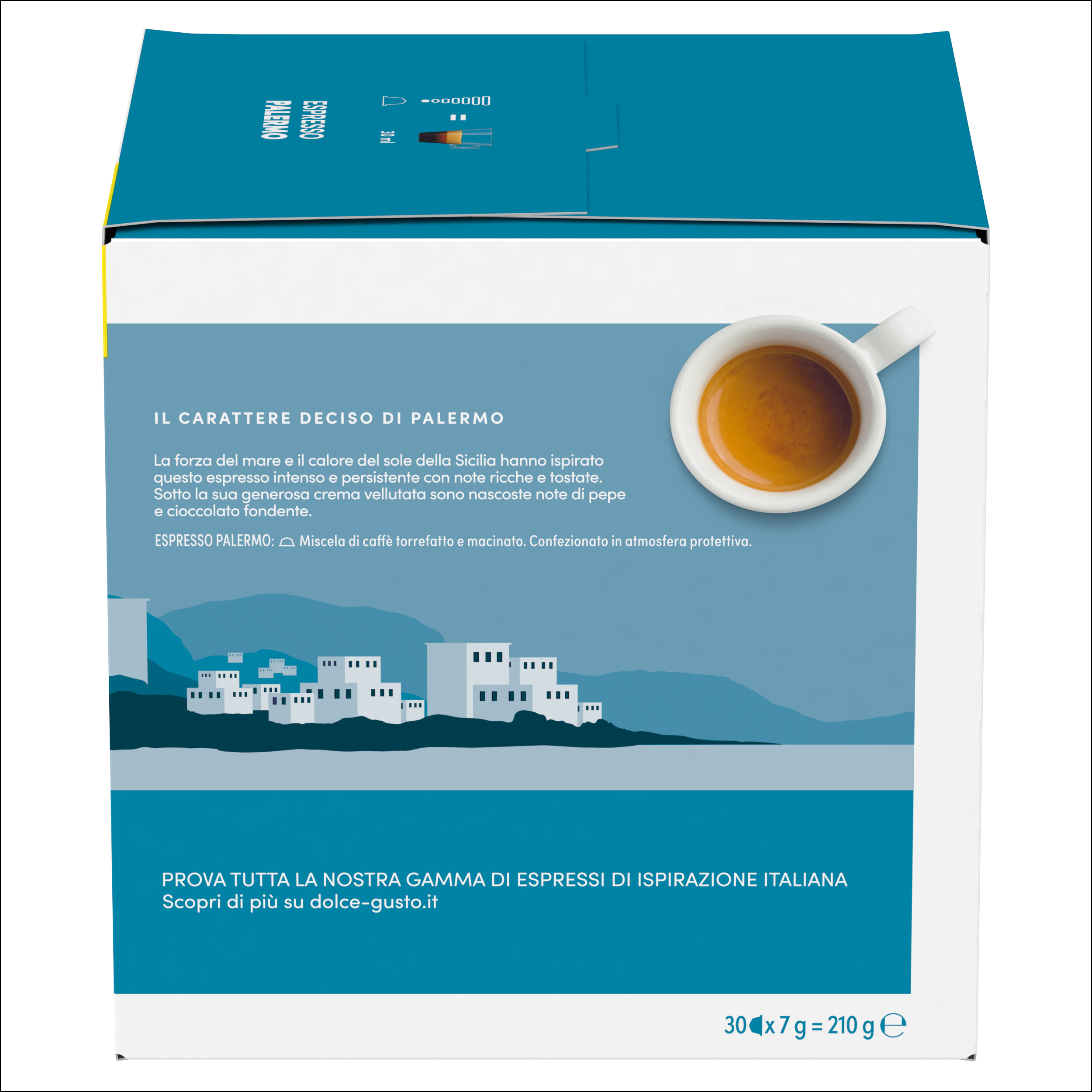 Confezione con tazzina di espresso e illustrazione di città costiera siciliana.