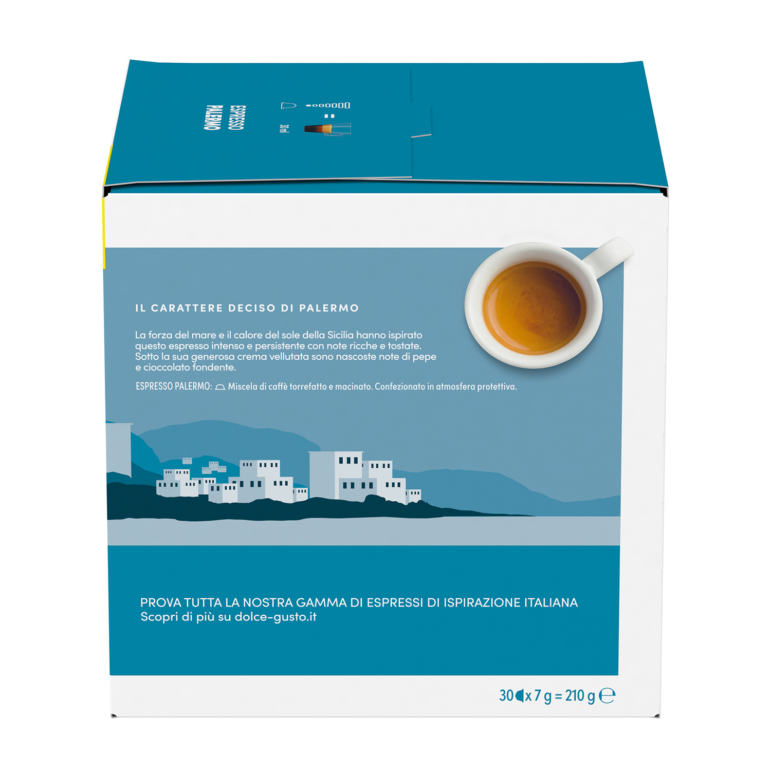 Confezione Espresso Palermo: tazzina di caffè, skyline, testo.