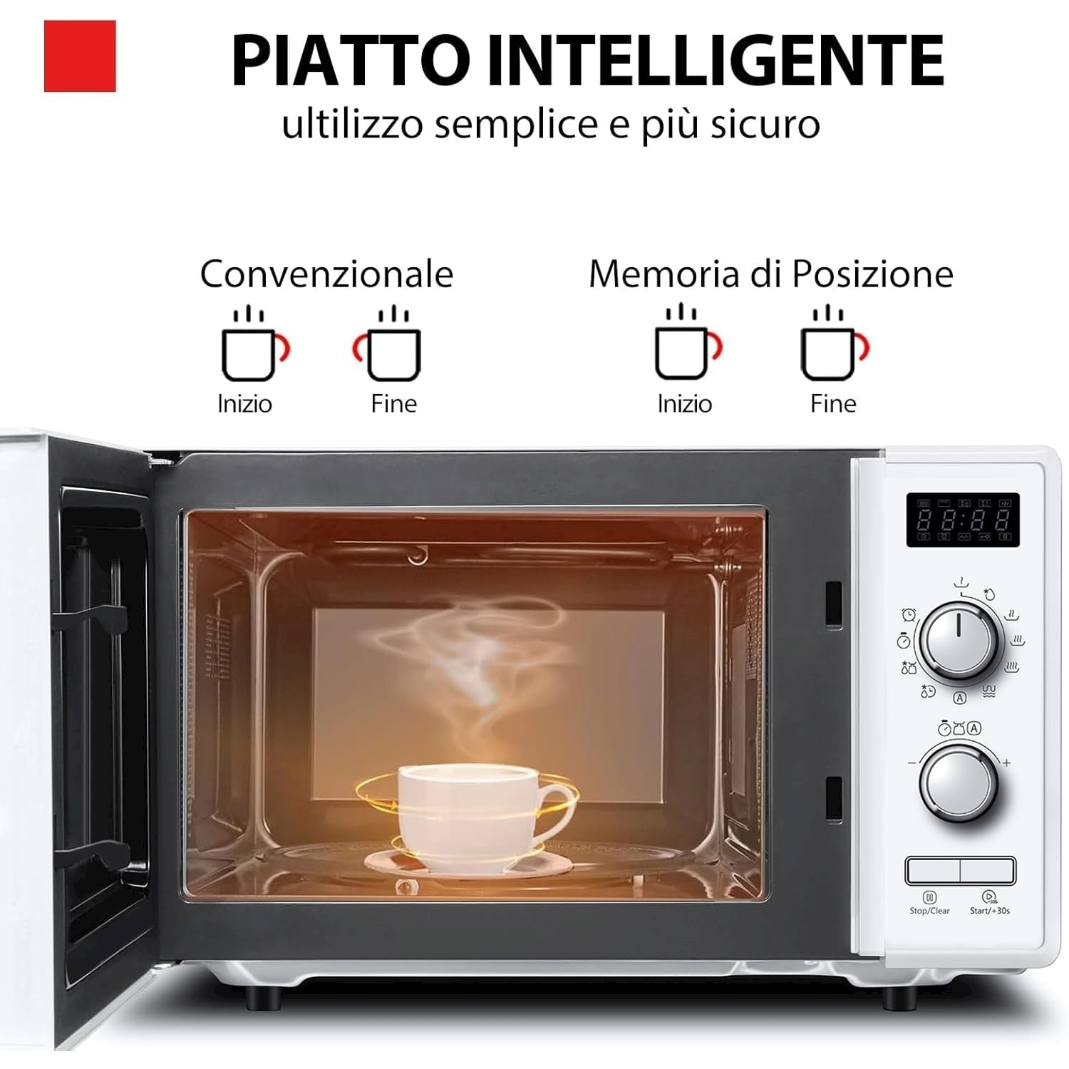 Un microondas blanco abierto con una taza humeante en un plato dentro.
