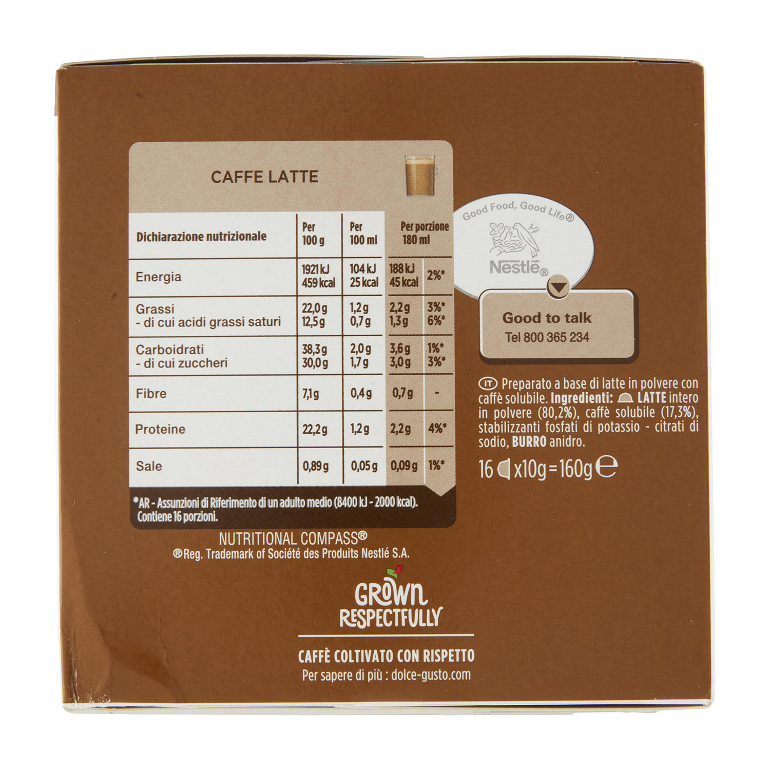 Informazioni nutrizionali per caffè latte in polvere. Contiene 16 bustine da 10g.