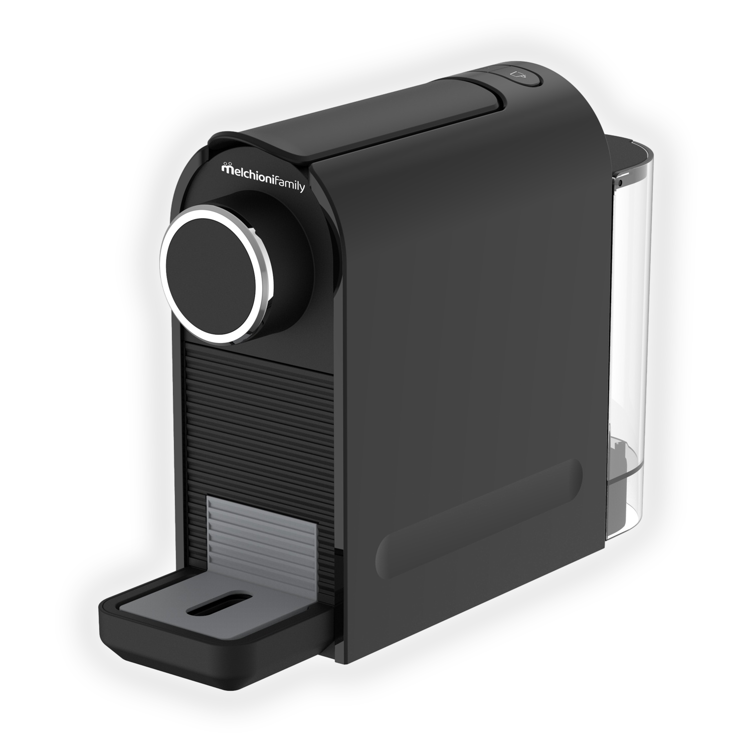 Czarna ekspres do kawy z srebrnym pierścieniem i zbiornikiem wody.