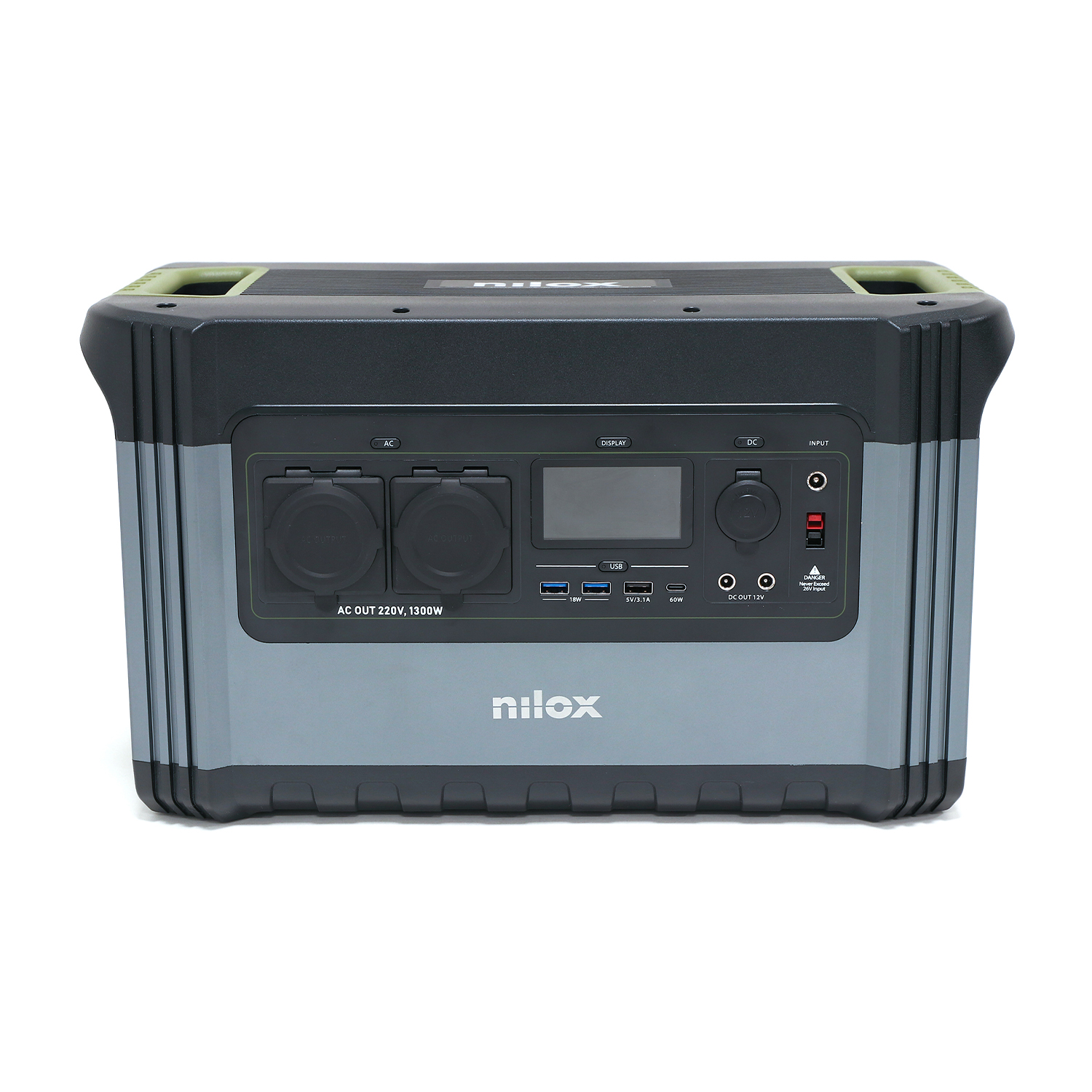 Stazione di alimentazione Nilox grigia e nera con porte e display.