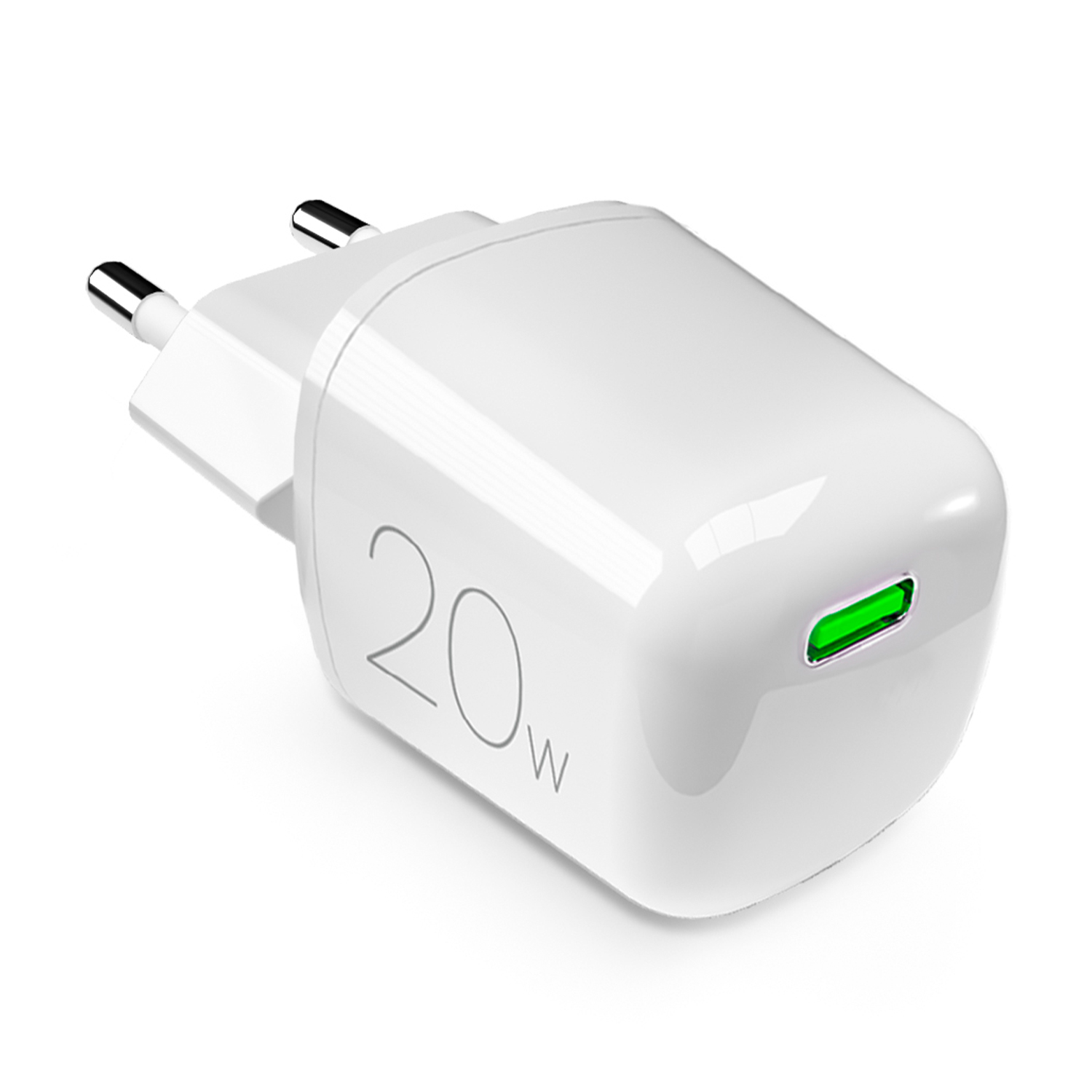 Un alimentatore bianco da 20W con due pin metallici e una porta USB-C verde.