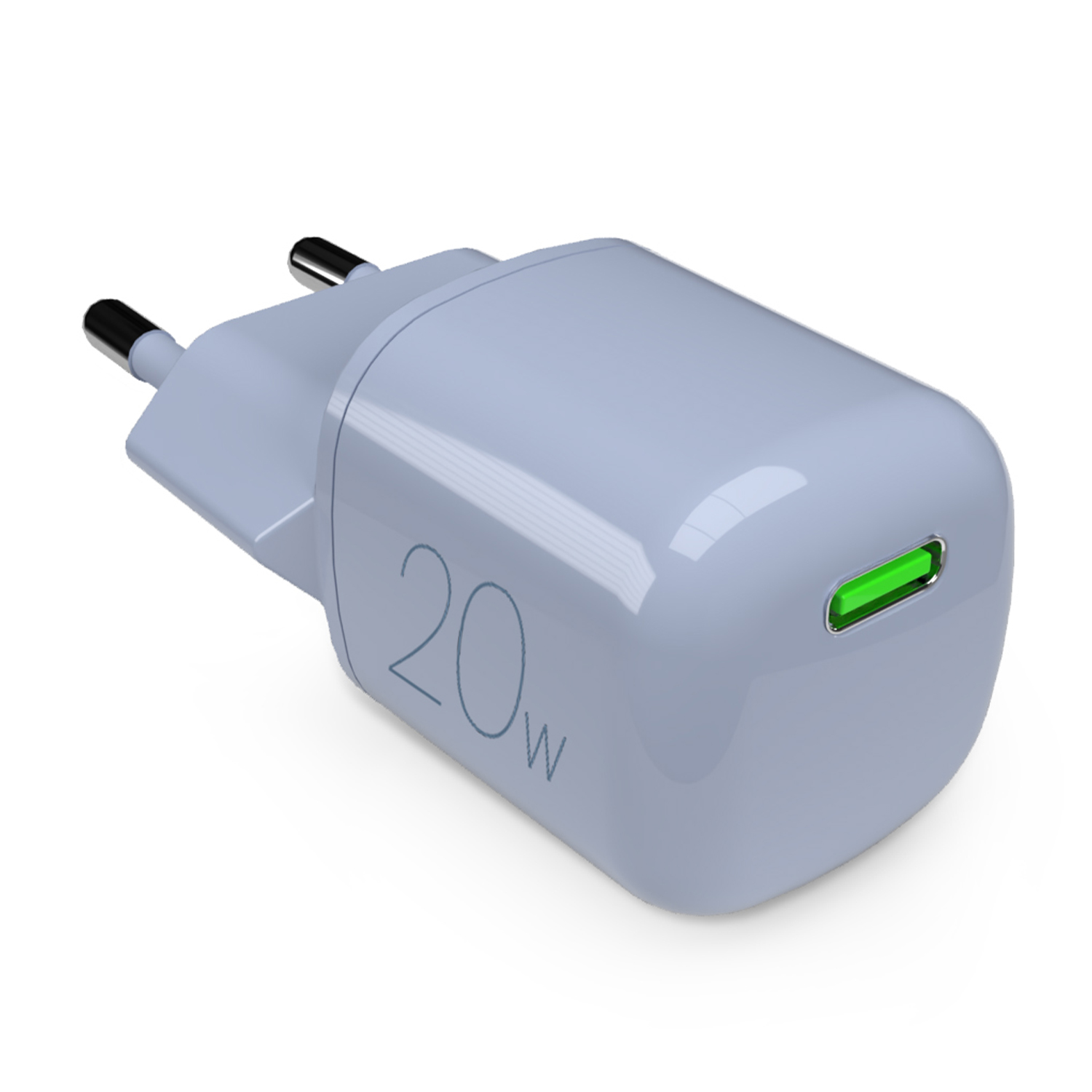Una spina di ricarica blu chiaro da 20W con pin argentati e porta USB-C verde.