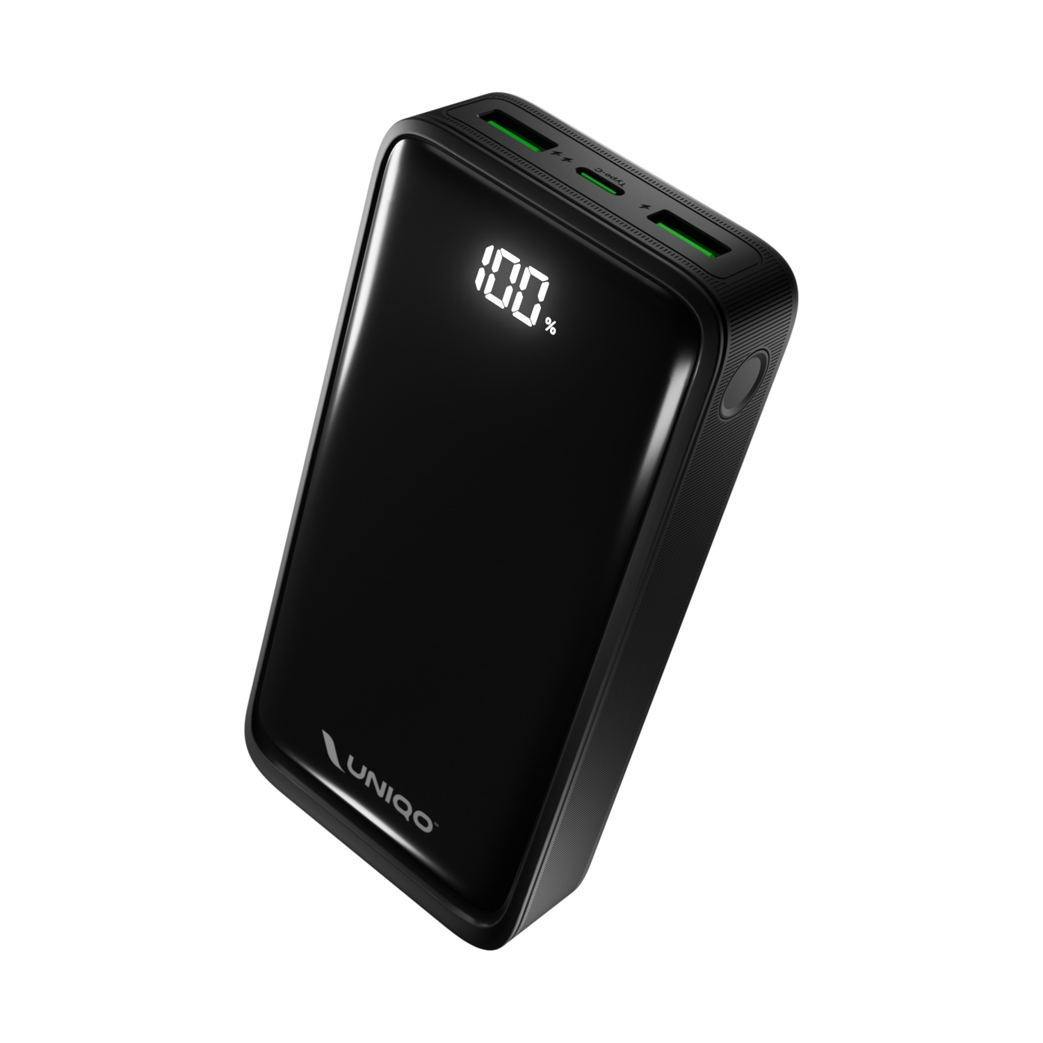 Power bank nero al 100% di carica con logo UNIQO e porte USB-C.