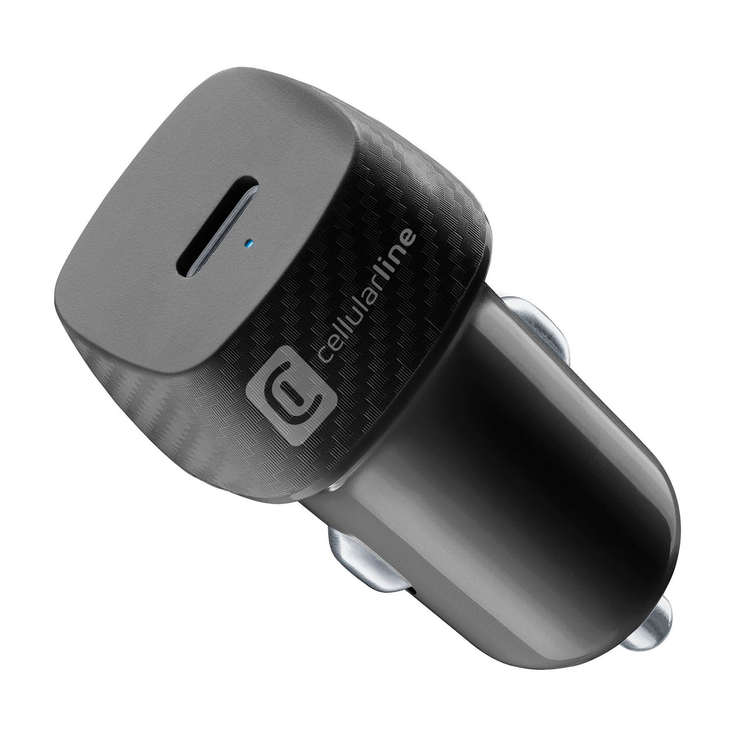 Caricatore USB auto nero con motivo e logo, con luce LED blu.