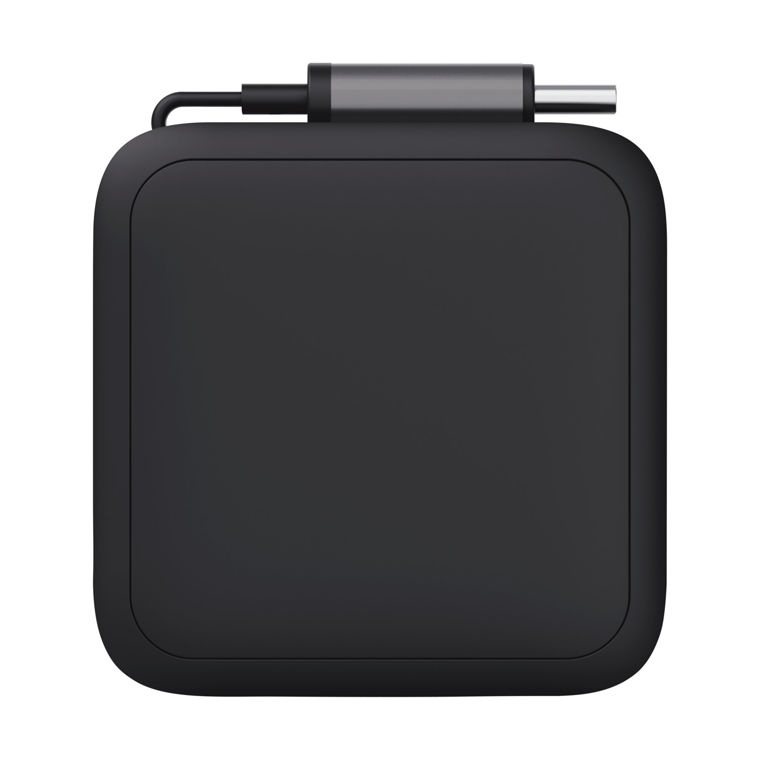 A black, square device with rounded corners and a gray connector on top.