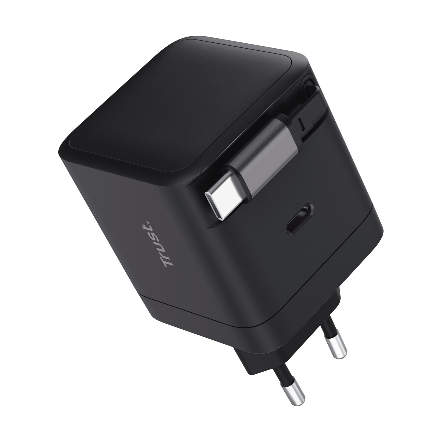 Black USB-C charger with foldable prongs and an attached cable.