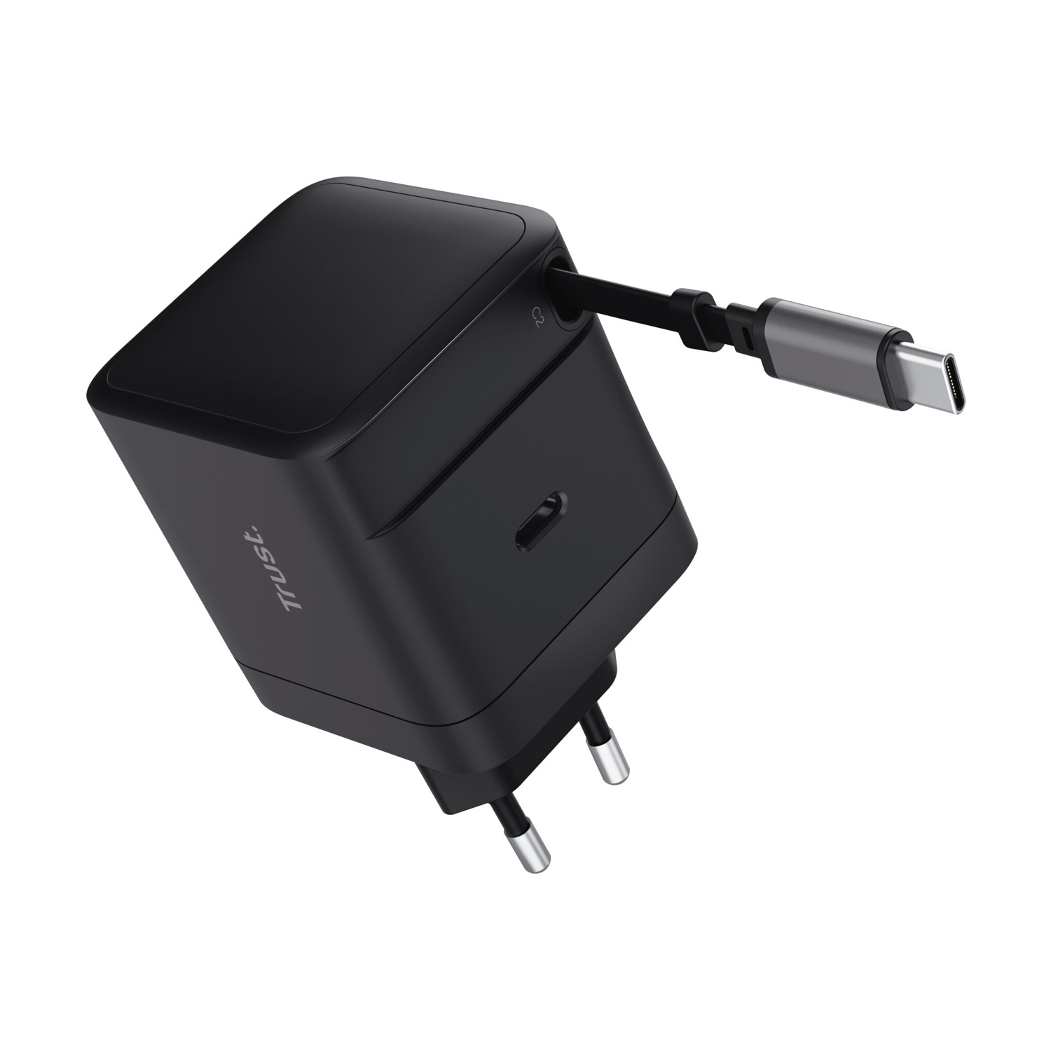 Black USB-C charger with two prongs and attached cable.