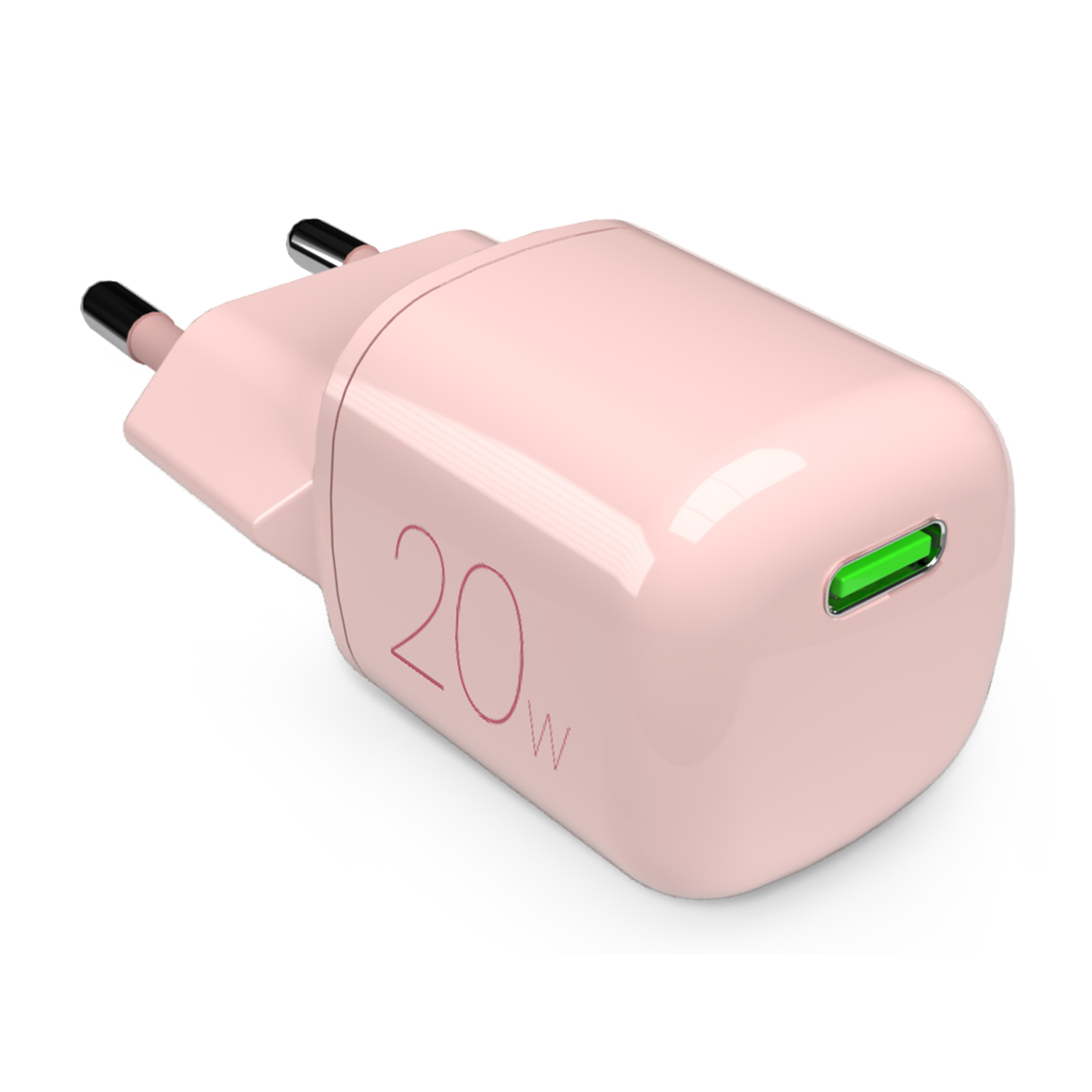 Un caricatore USB-C rosa da 20W con due pin e una porta verde.